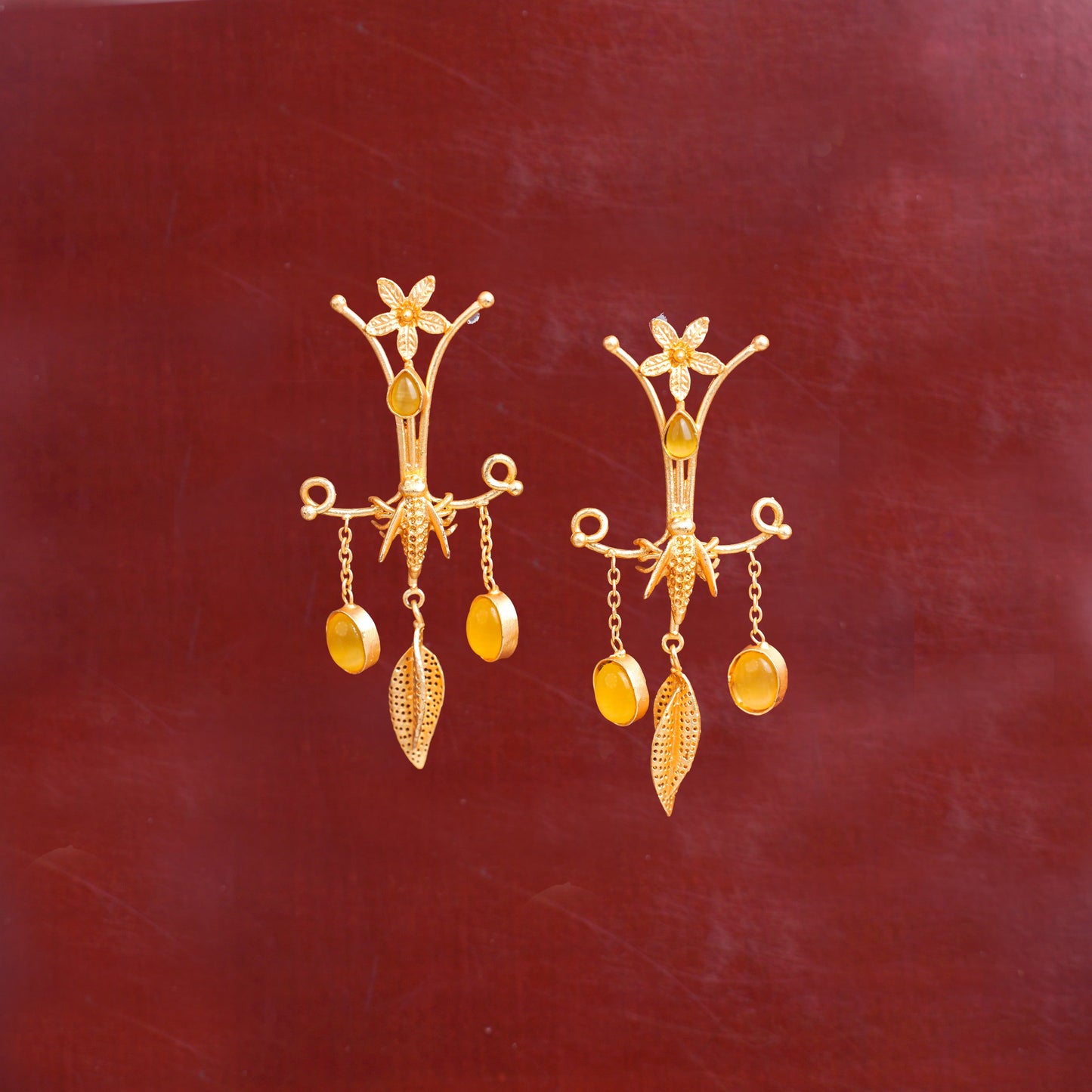 Arya- Stone Studded Dangler Earrings(Yellow)