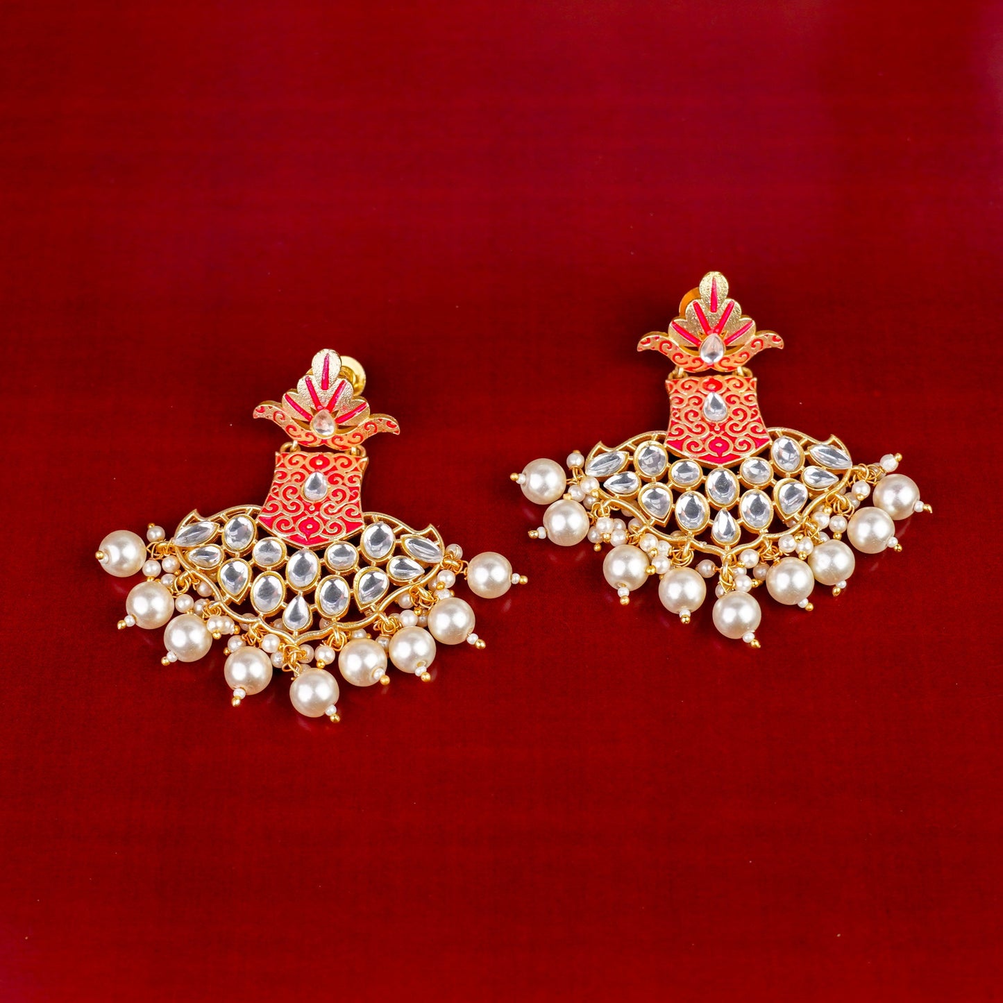 Tara- Stone Studded Hanginh Pearl Dangler earrings(Red)
