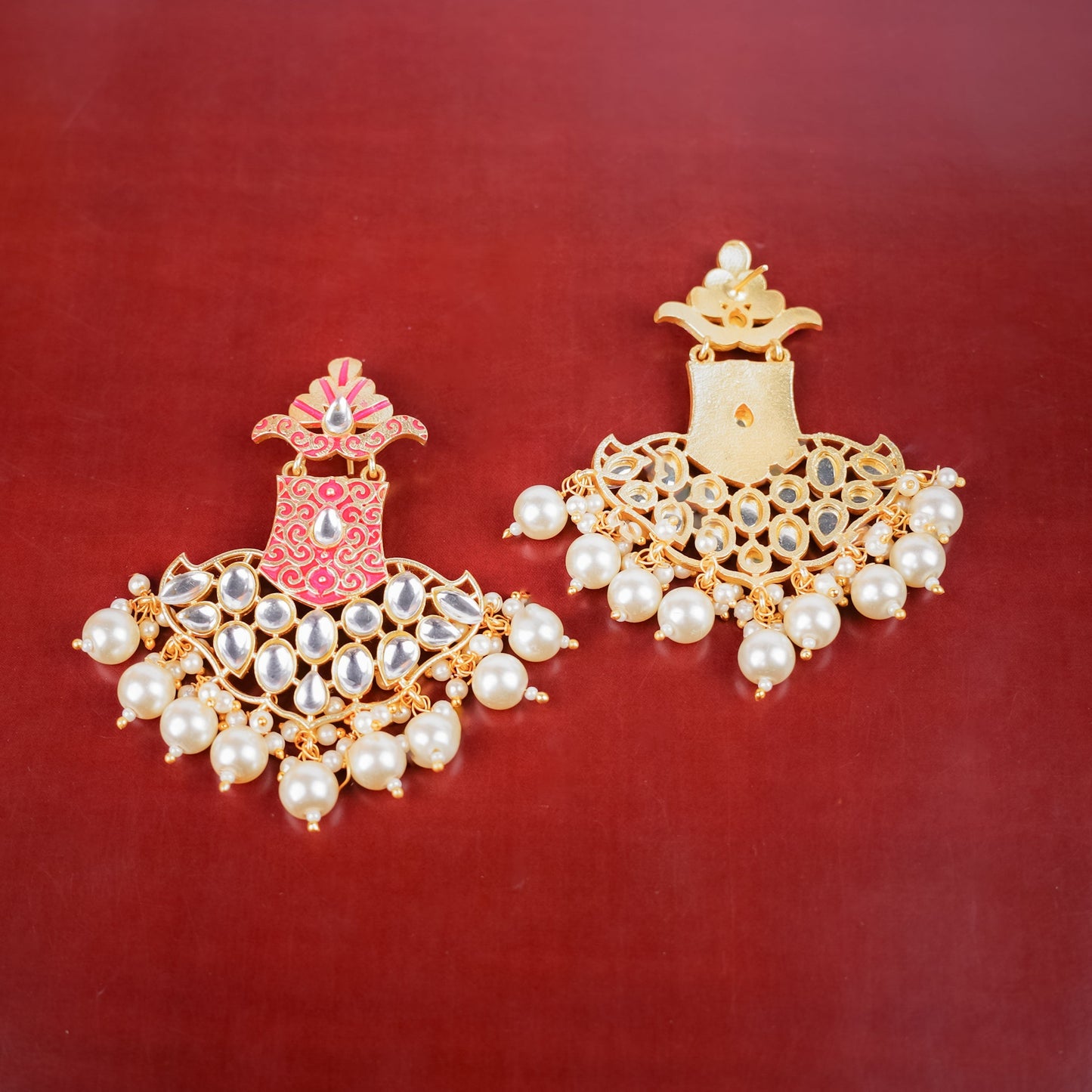 Tara- Stone Studded Hanginh Pearl Dangler earrings(Red)