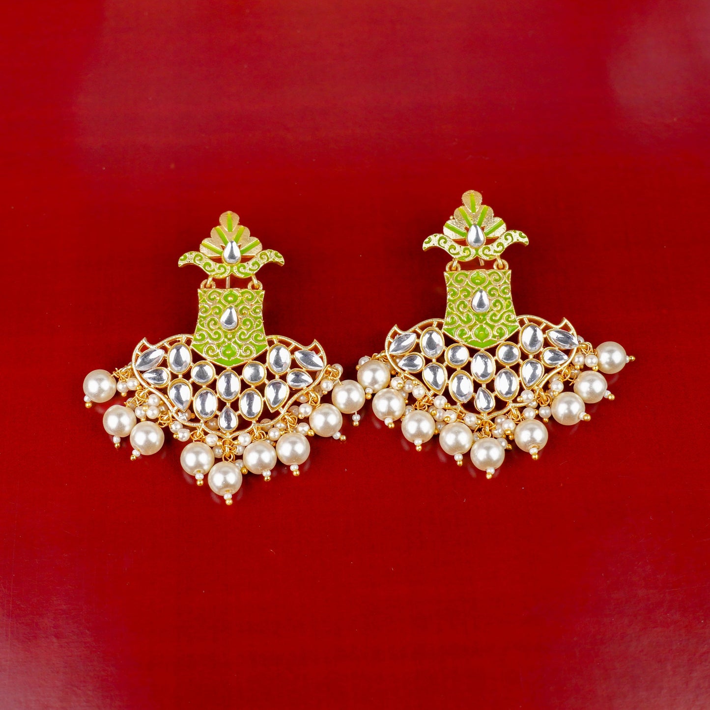 Tara- Stone Studded Hanginh Pearl Dangler earrings(Green)