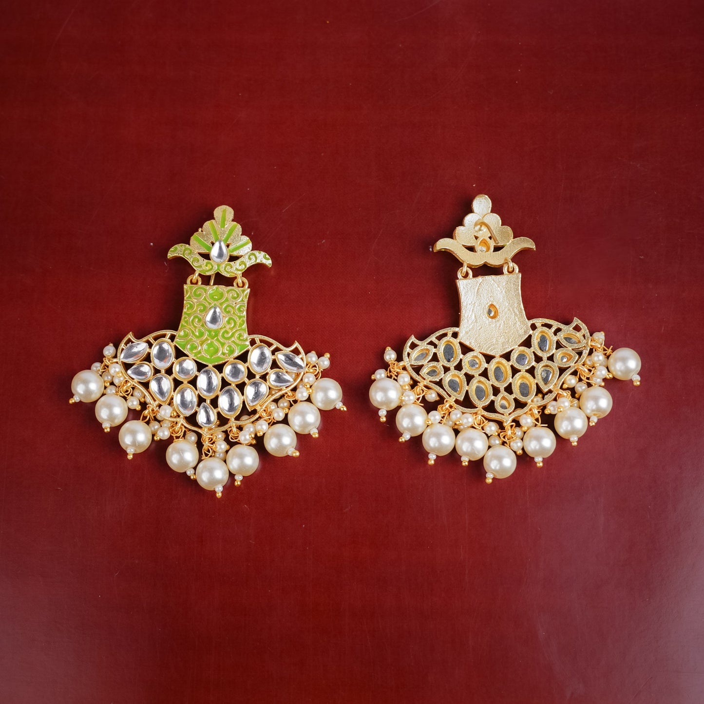 Tara – Stone-Studded Hanging Pearl Dangler Earrings (Green)