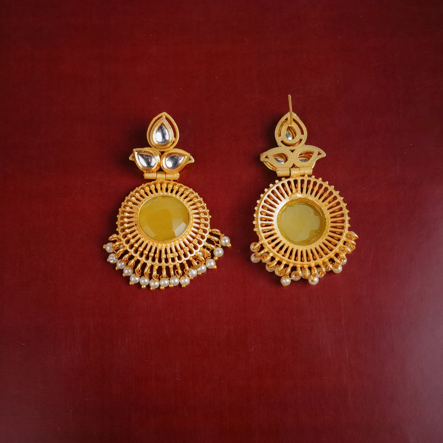 Nyra- Stone Studded Hanging Pearl Dangler Earrings(Yellow)