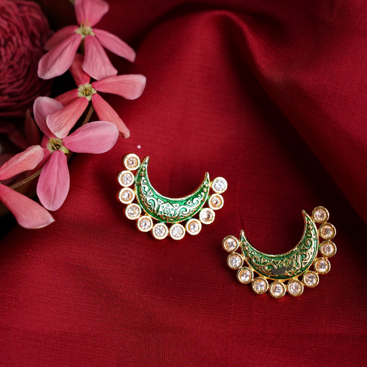 Kira- Kundan Studded Stud Earrings(Green)