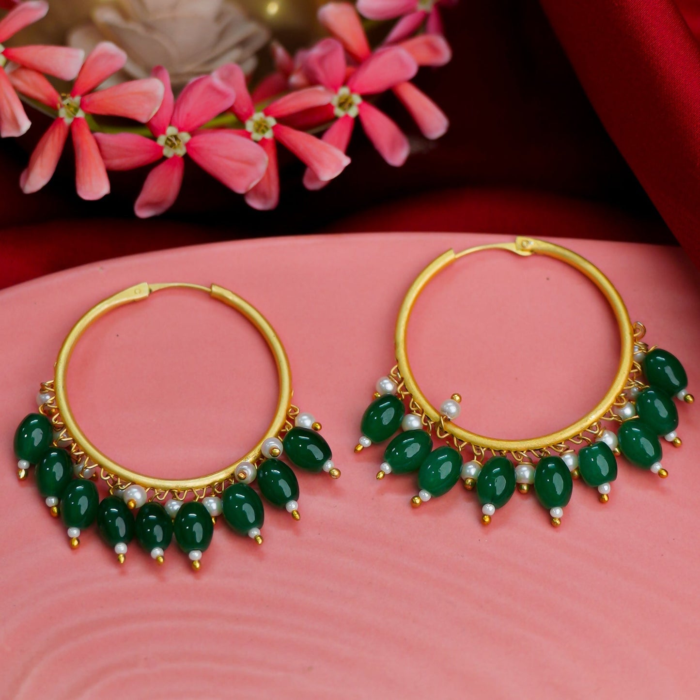 Zoya- Hanging Pearl Hoops Earrings(Green)