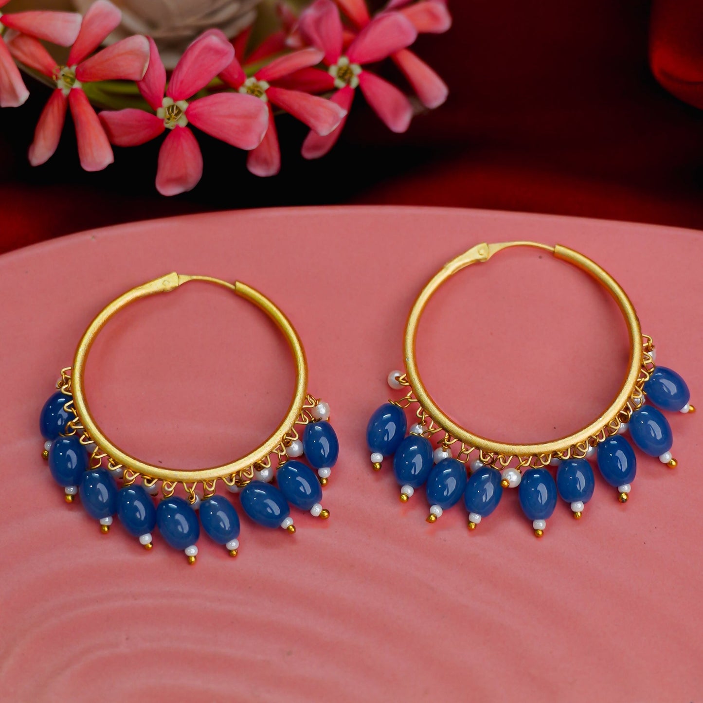 Zoya- Hanging Pearl Hoops Earrings(Blue)