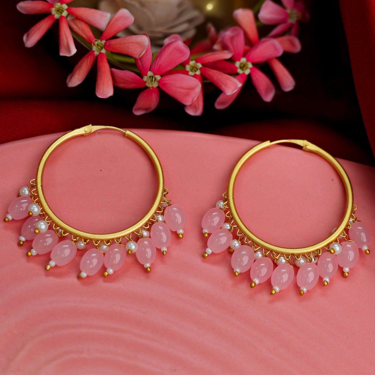 Zoya- Hanging Pearl Hoops Earrings(Light Pink)