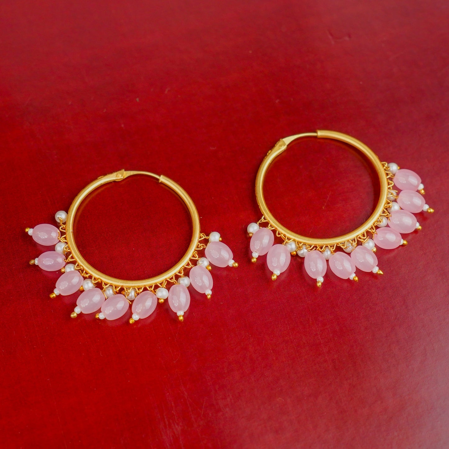 Zoya- Hanging Pearl Hoops Earrings(Light Pink)