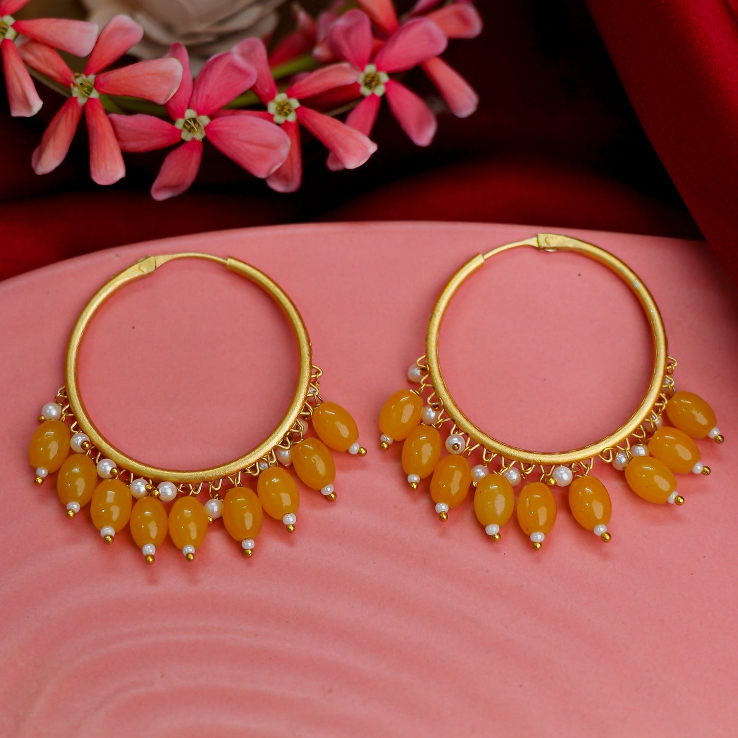 Zoya- Hanging Pearl Hoops Earrings(Yellow)