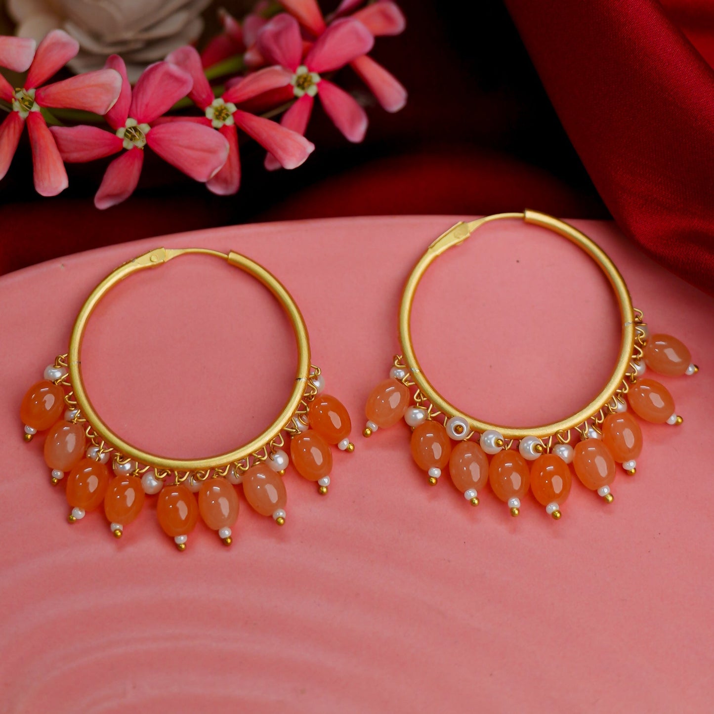 Zoya- Hanging Pearl Hoops Earrings(Orange)
