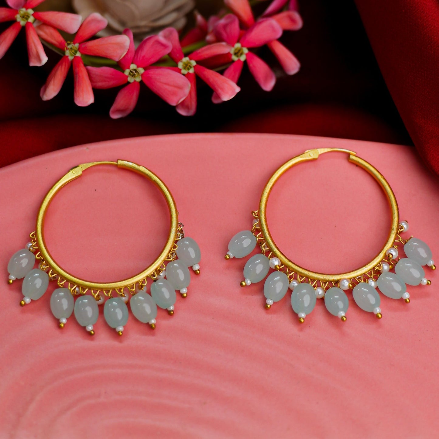 Zoya- Hanging Pearl Hoops Earrings(Pale Torquoise)