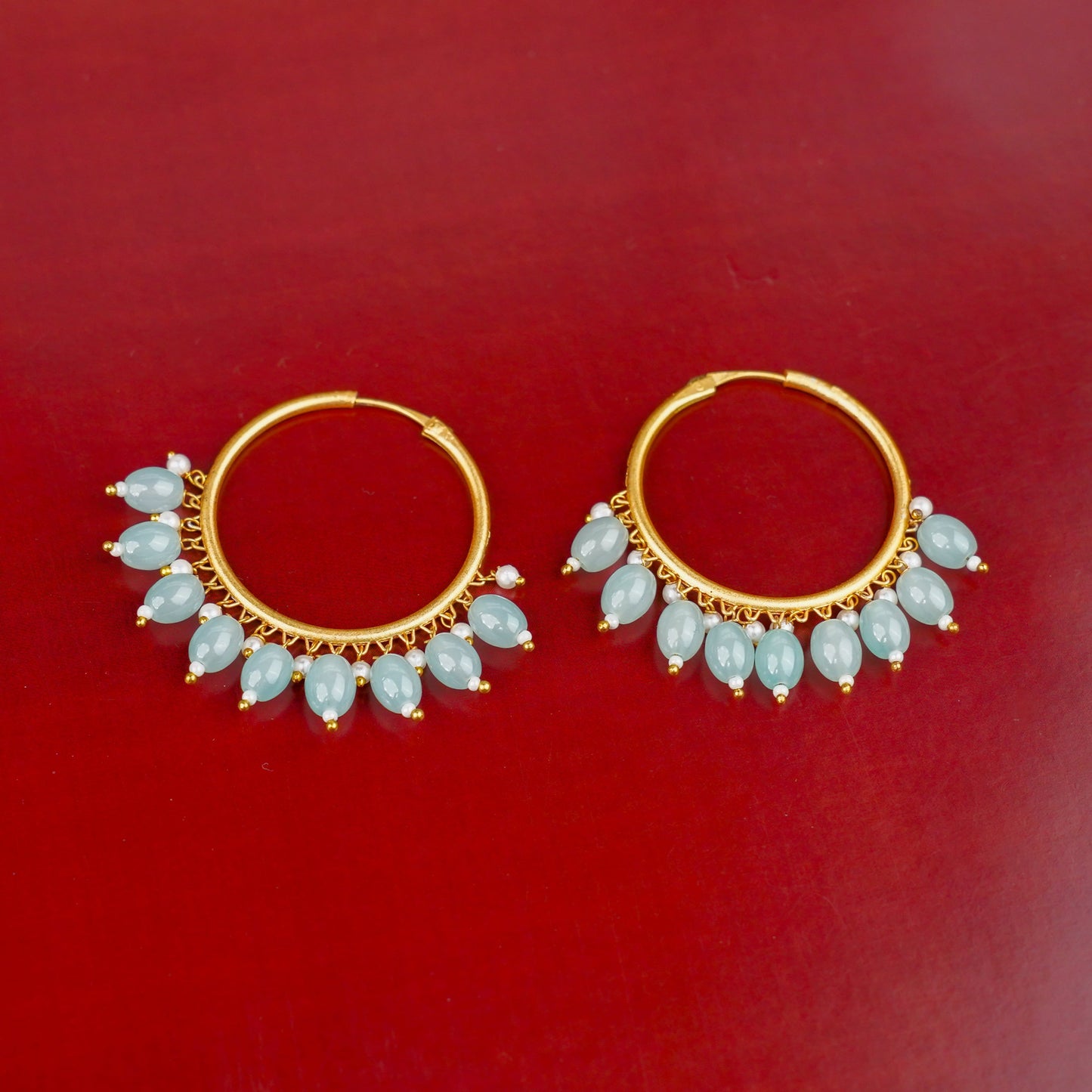 Zoya- Hanging Pearl Hoops Earrings(Pale Torquoise)