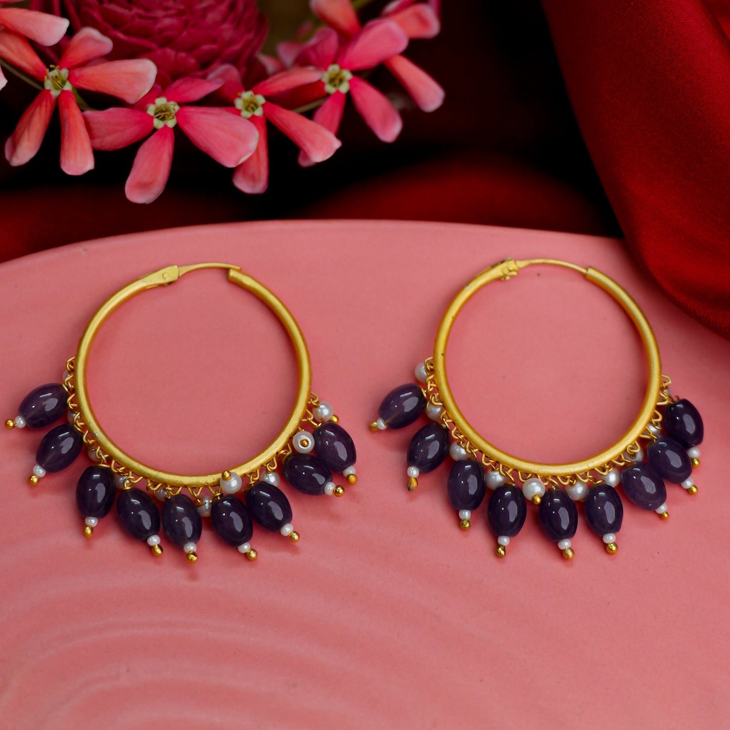 Zoya- Hanging Pearl Hoops Earrings(Purple)