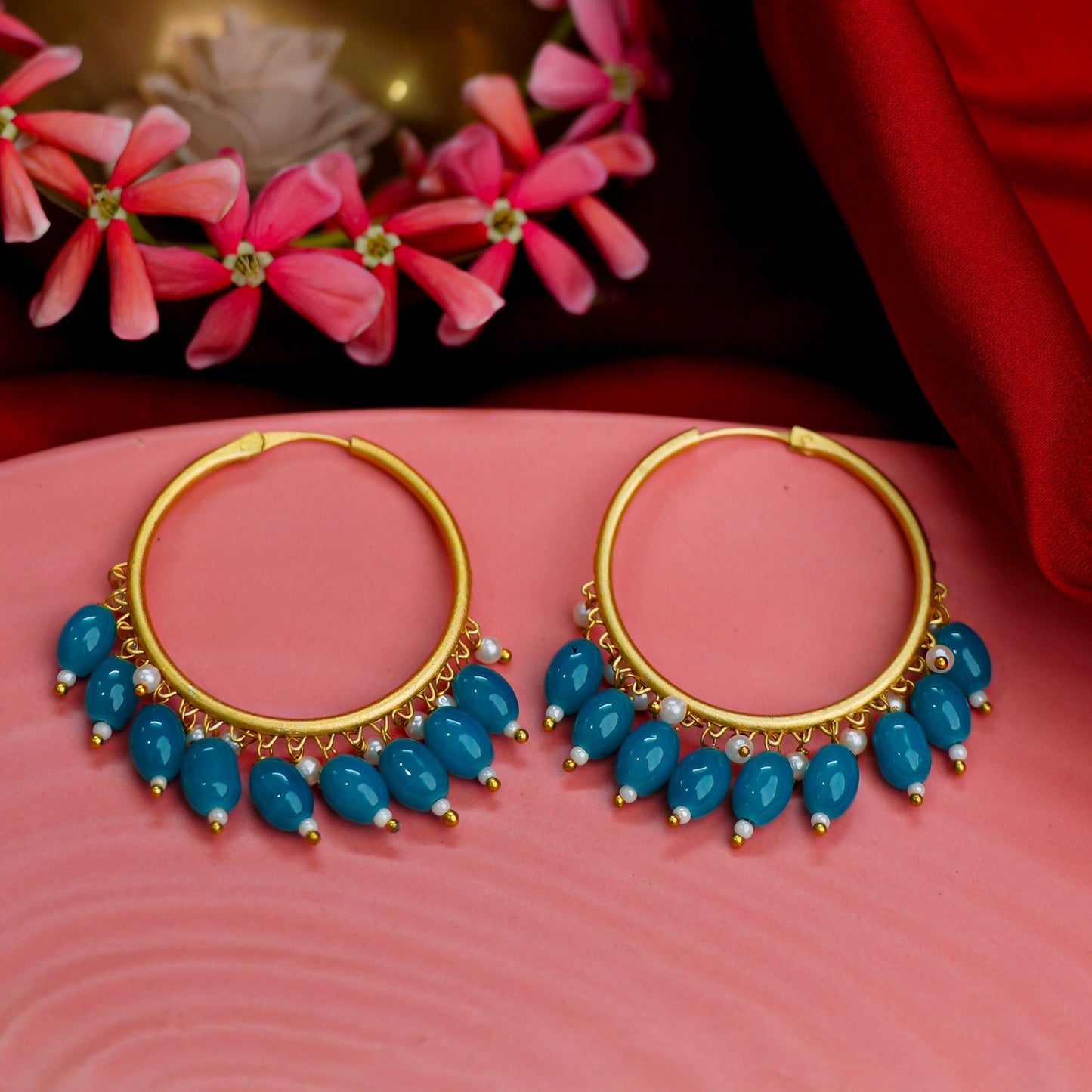 Zoya- Hanging Pearl Hoops Earrings(Aqua)