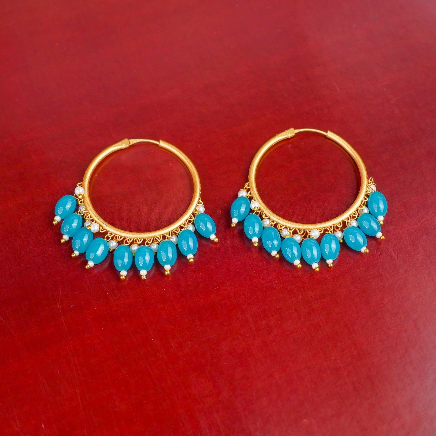 Zoya- Hanging Pearl Hoops Earrings(Aqua)