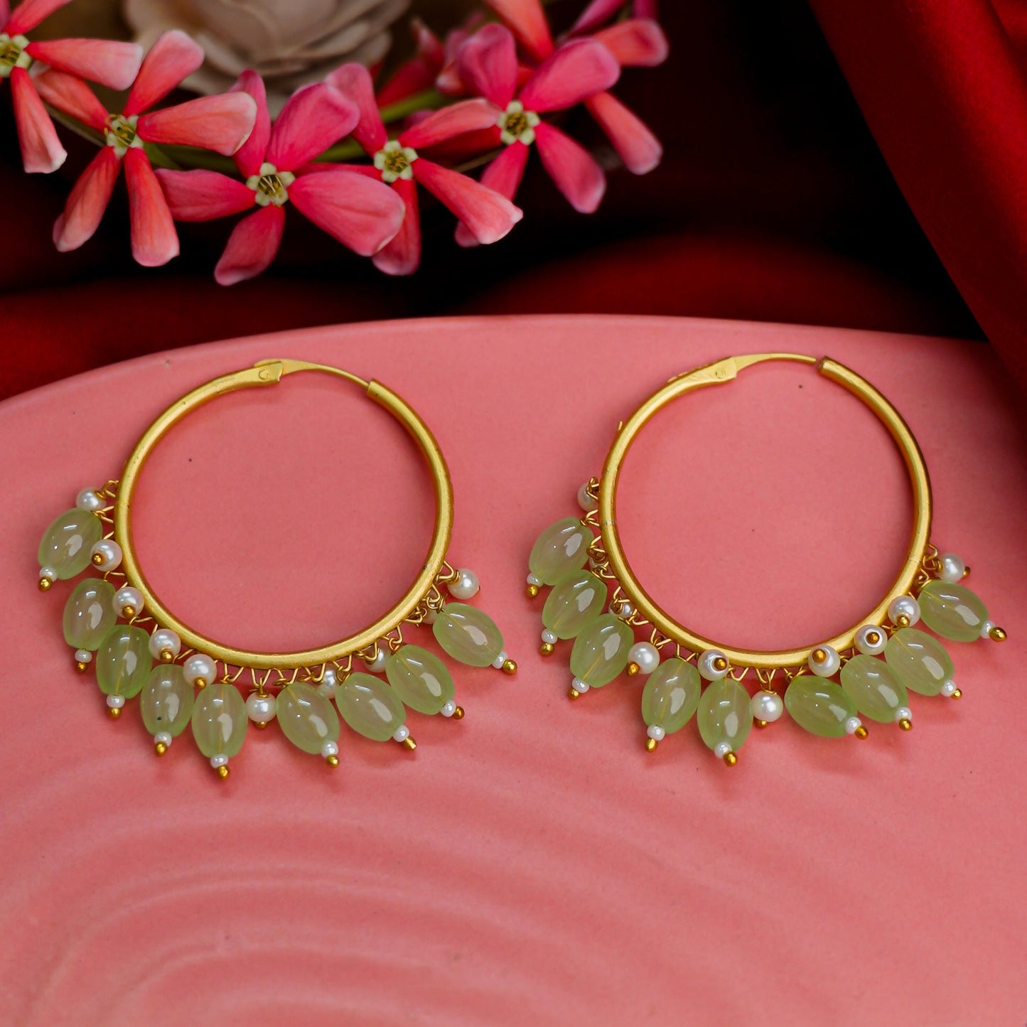 Zoya- Hanging Pearl Hoops Earrings(Parrot Green)