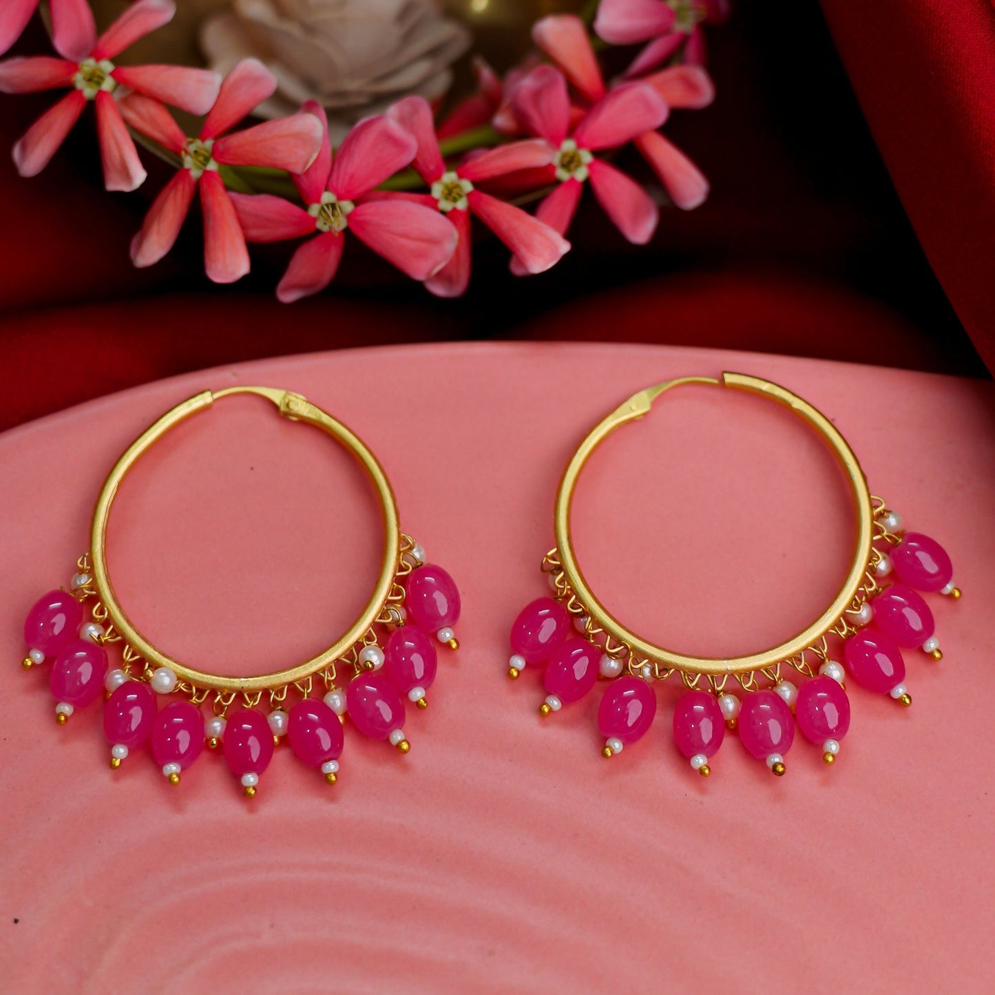 Zoya- Hanging Pearl Hoops Earrings(Pink)