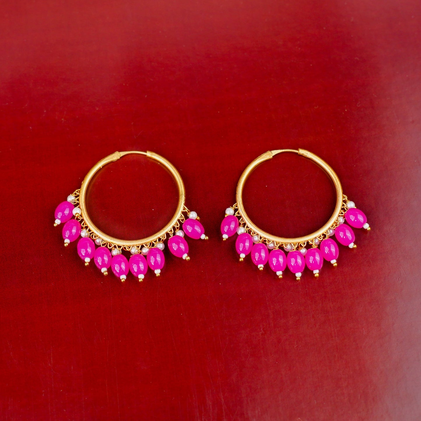 Zoya- Hanging Pearl Hoops Earrings(Pink)