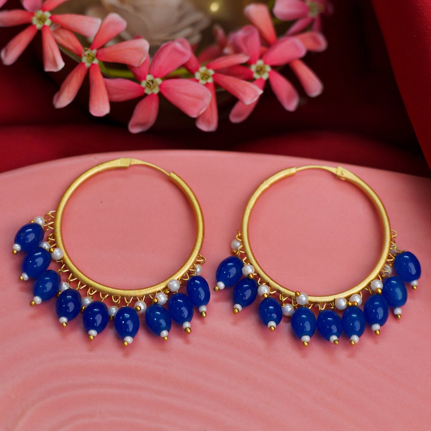 Zoya- Hanging Pearl Hoops Earrings(Navy Blue)
