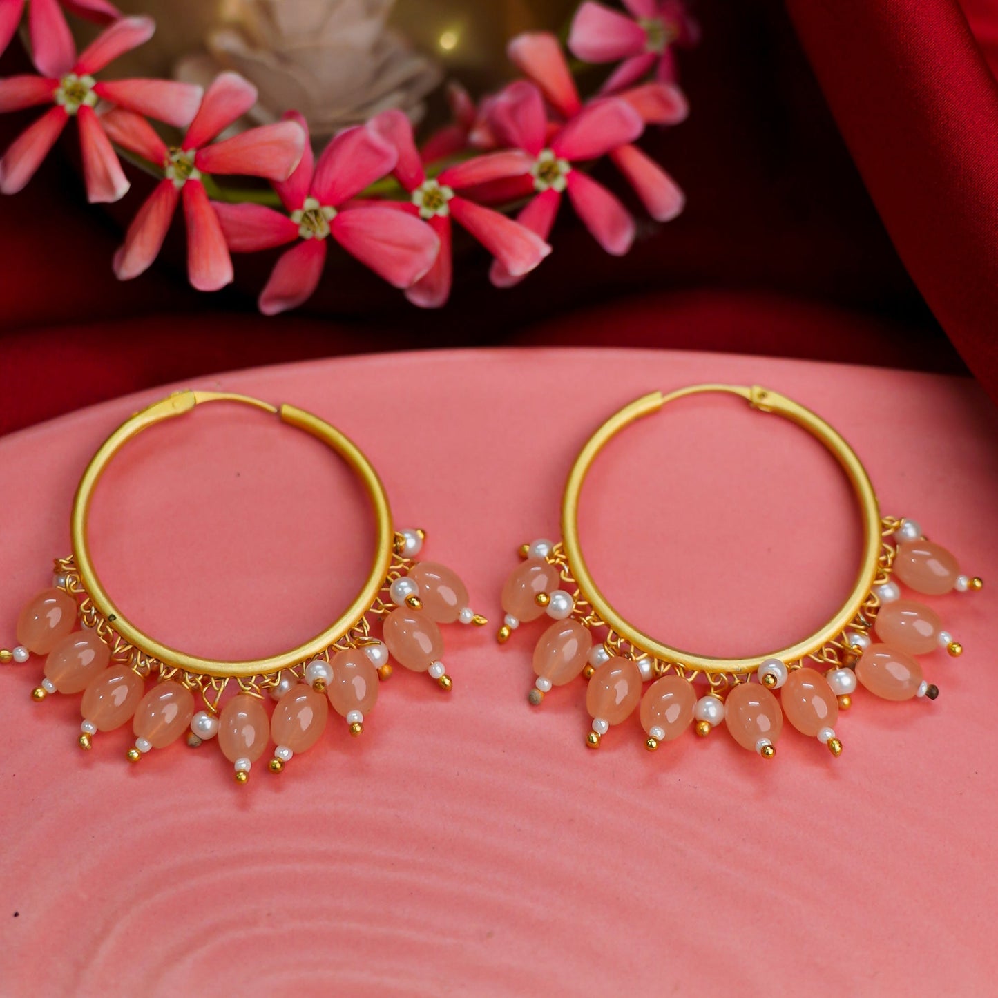 Zoya- Hanging Pearl Hoops Earrings(PeachPuff)