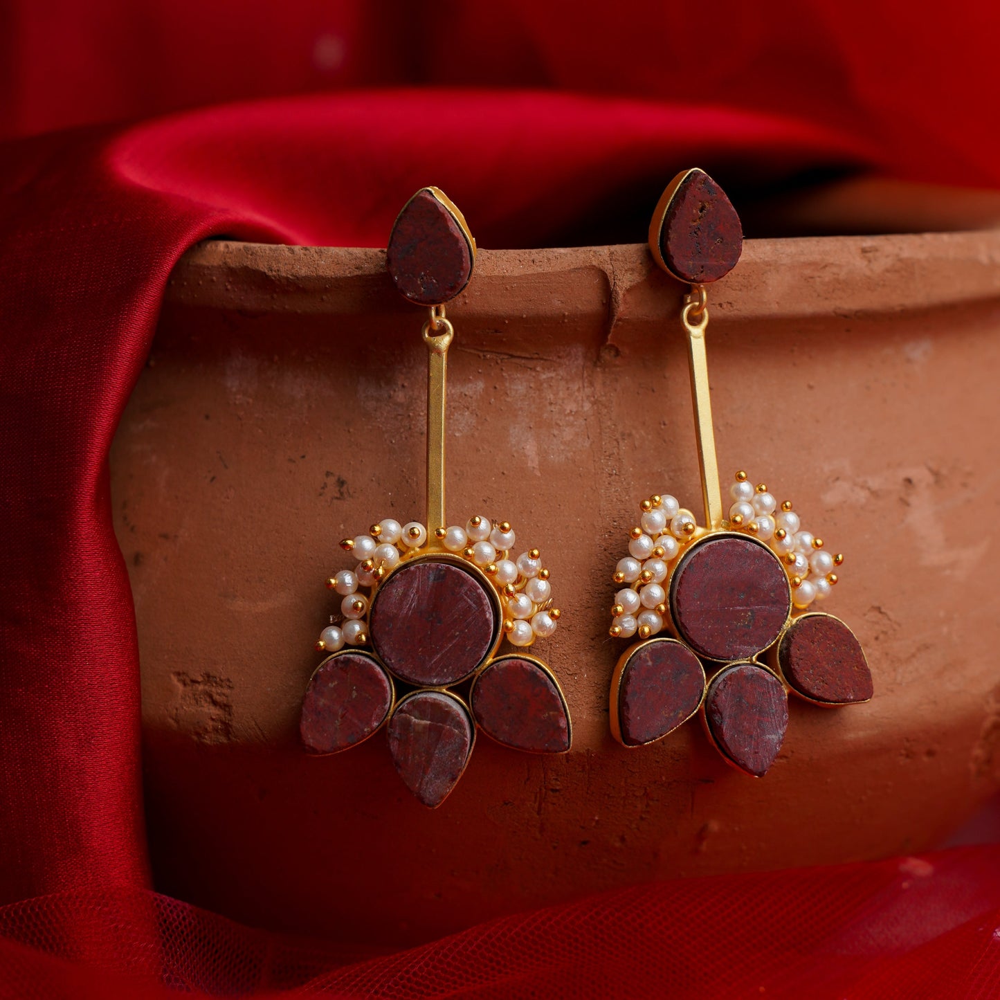 Ziyana- Stone Studded Baby Pearl Dangler Earrings(Red)