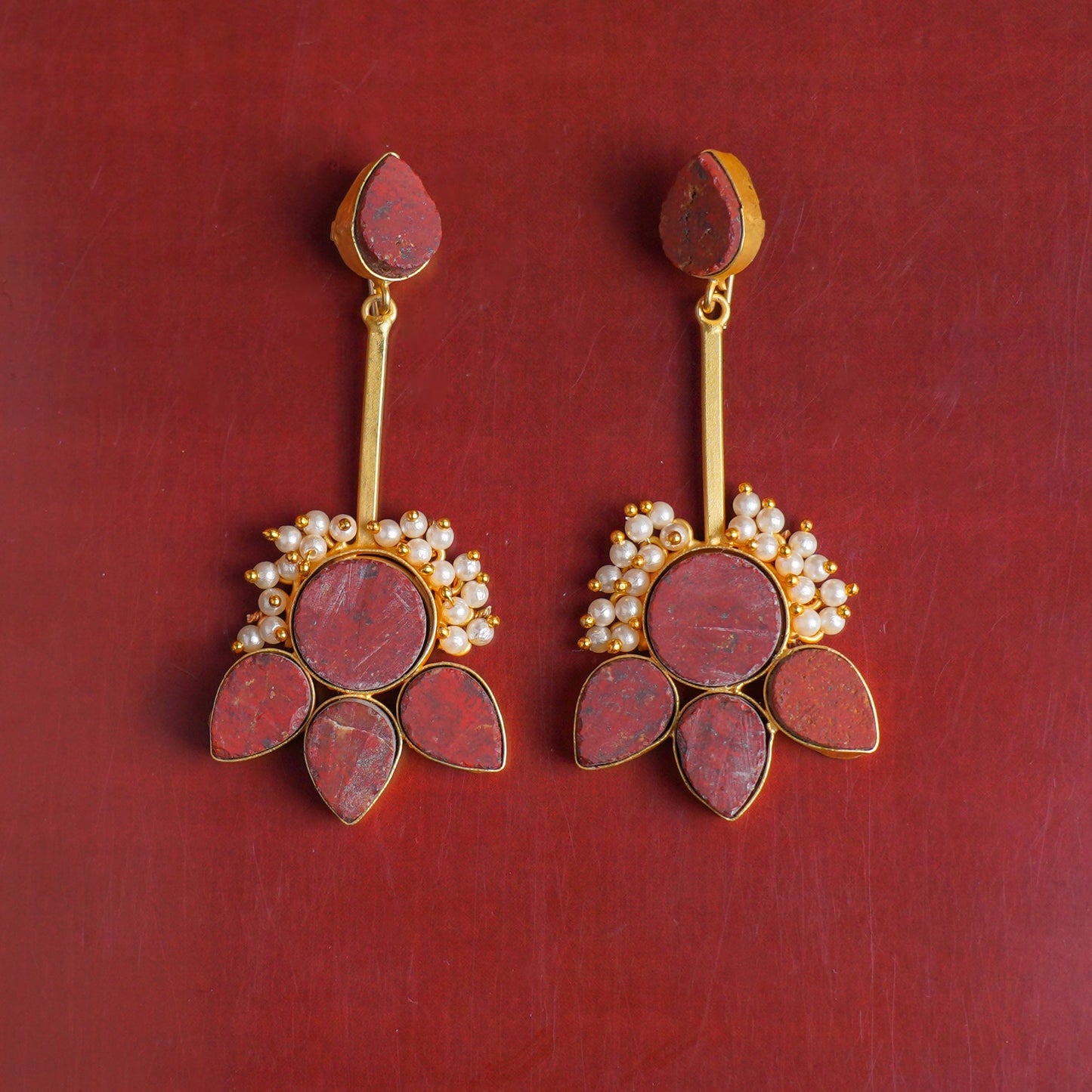 Ziyana- Stone Studded Baby Pearl Dangler Earrings(Red)
