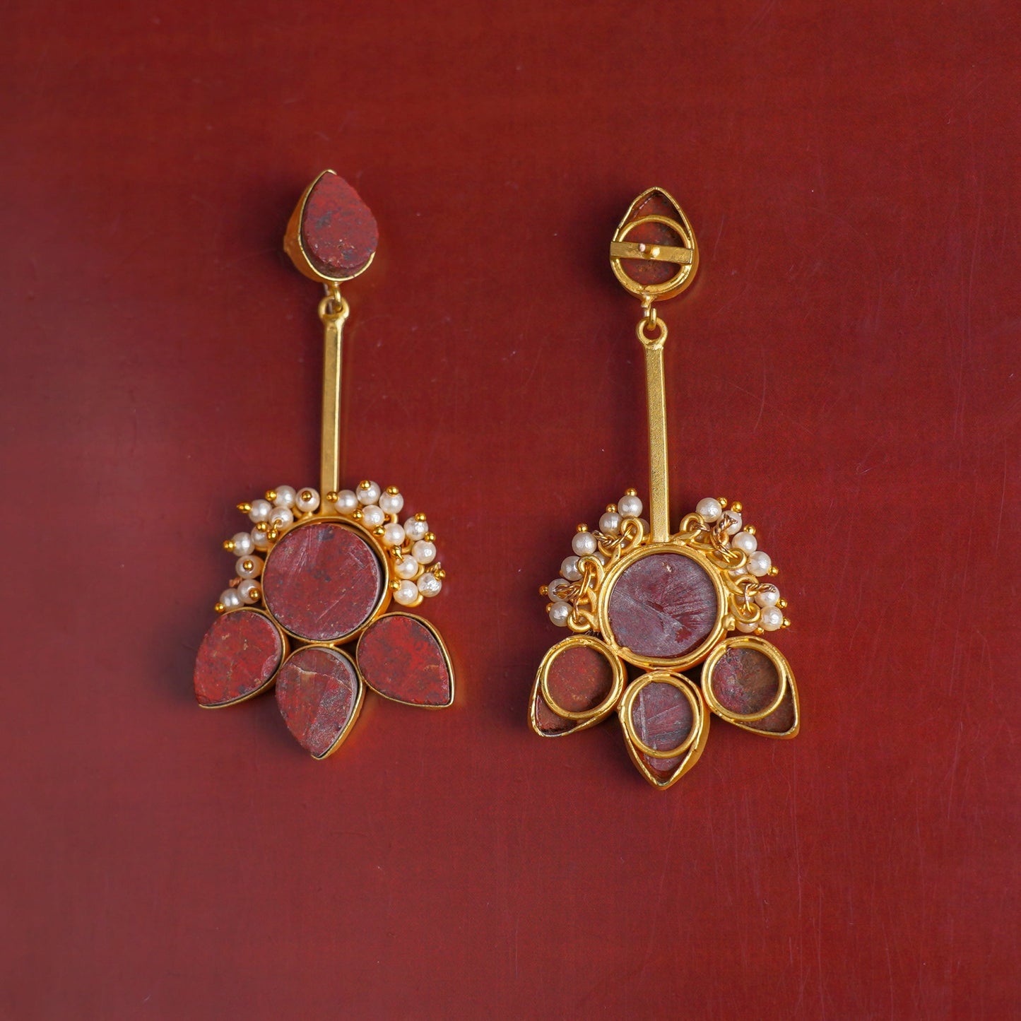 Ziyana- Stone Studded Baby Pearl Dangler Earrings(Red)