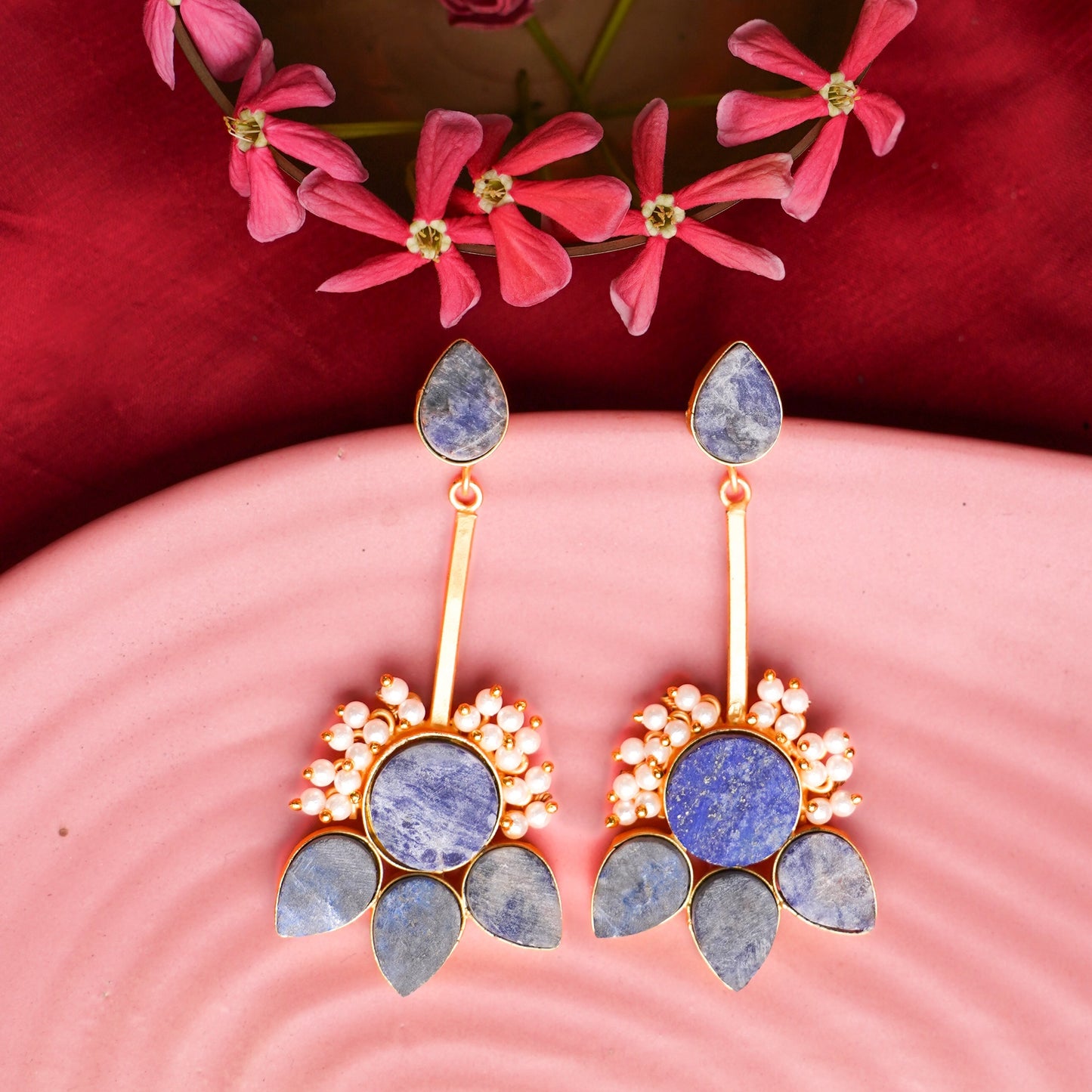 Ziyana- Stone Studded Baby Pearl Dangler Earrings(Blue)