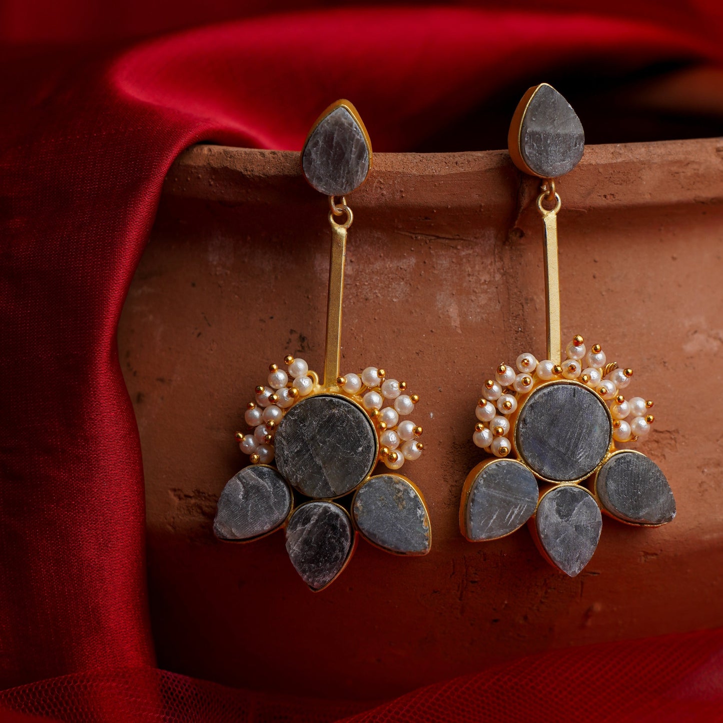 Ziyana- Stone Studded Baby Pearl Dangler Earrings(Gray)
