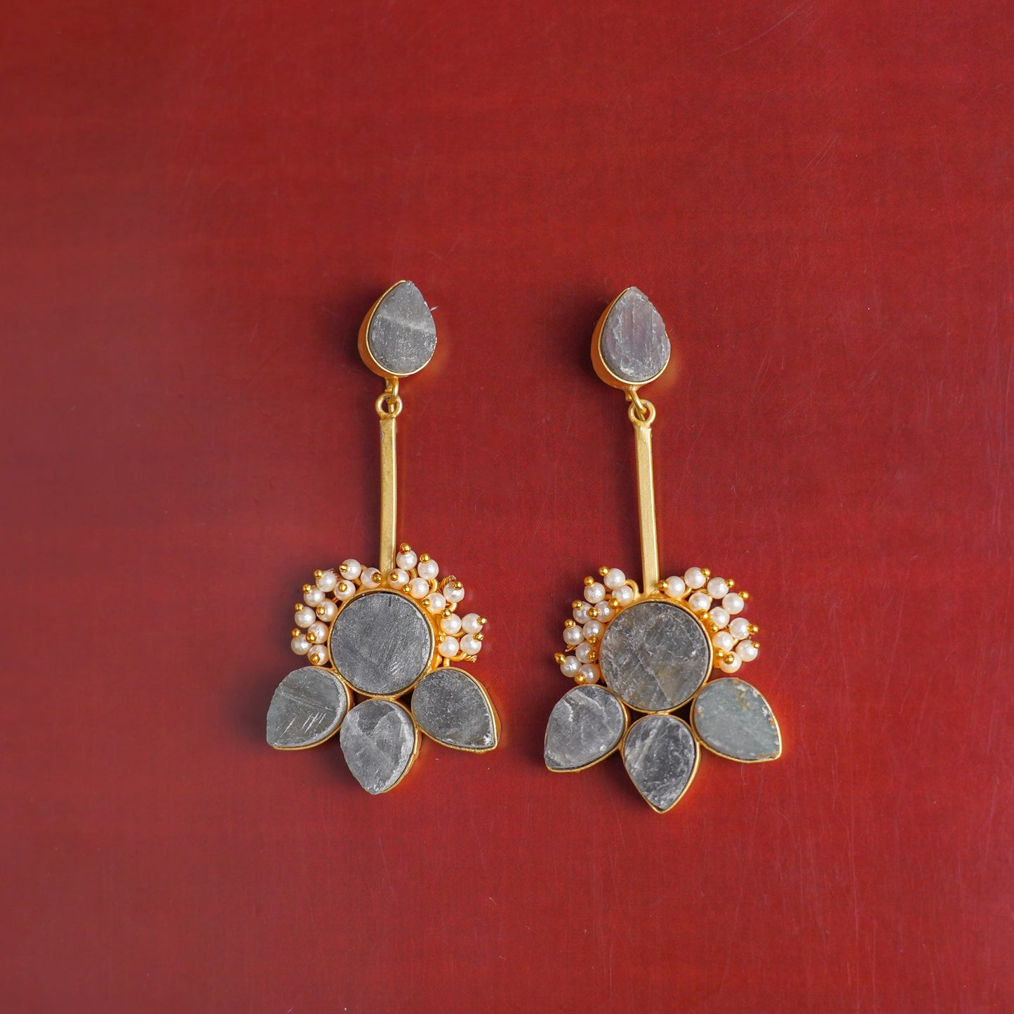 Ziyana- Stone Studded Baby Pearl Dangler Earrings(Gray)