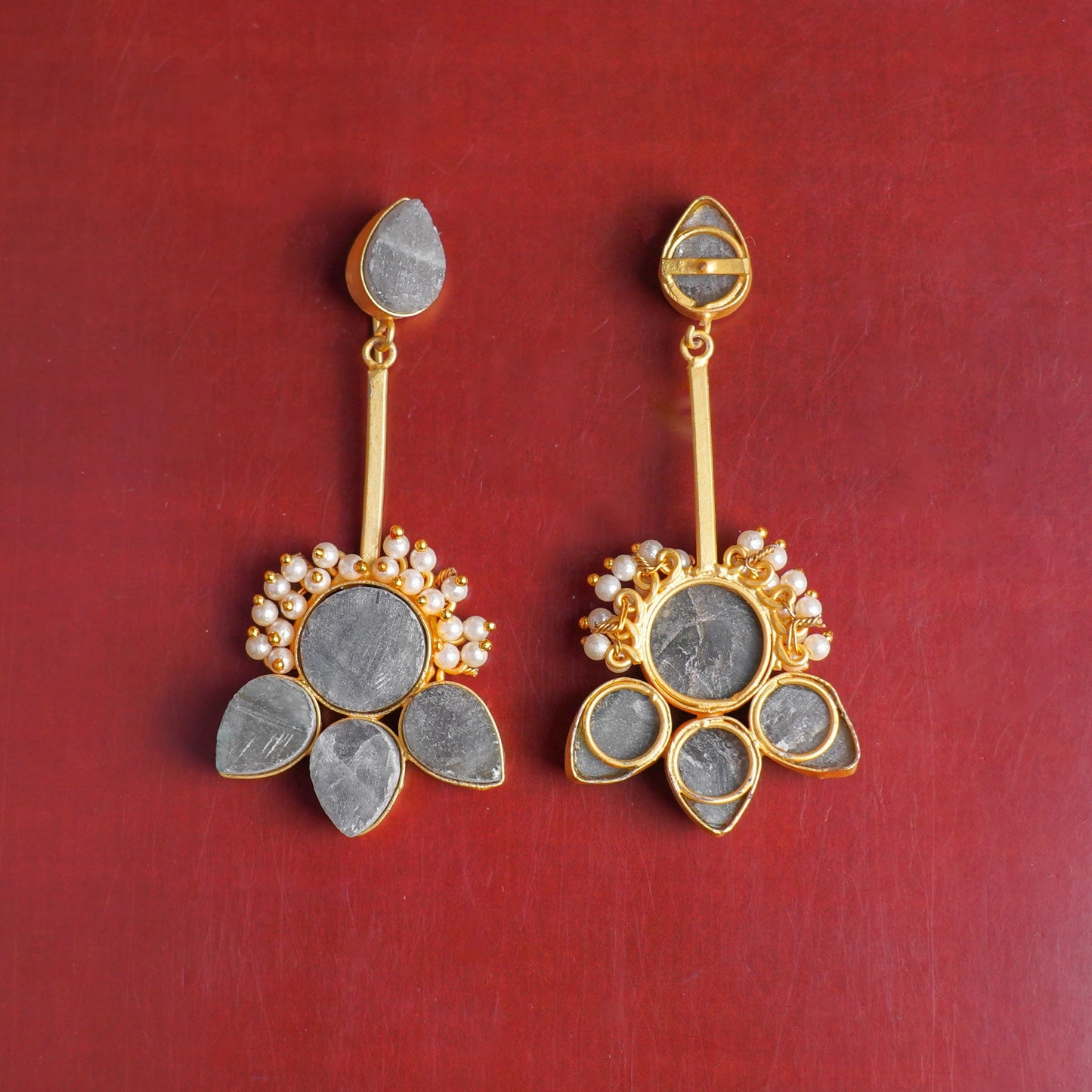 Ziyana- Stone Studded Baby Pearl Dangler Earrings(Gray)