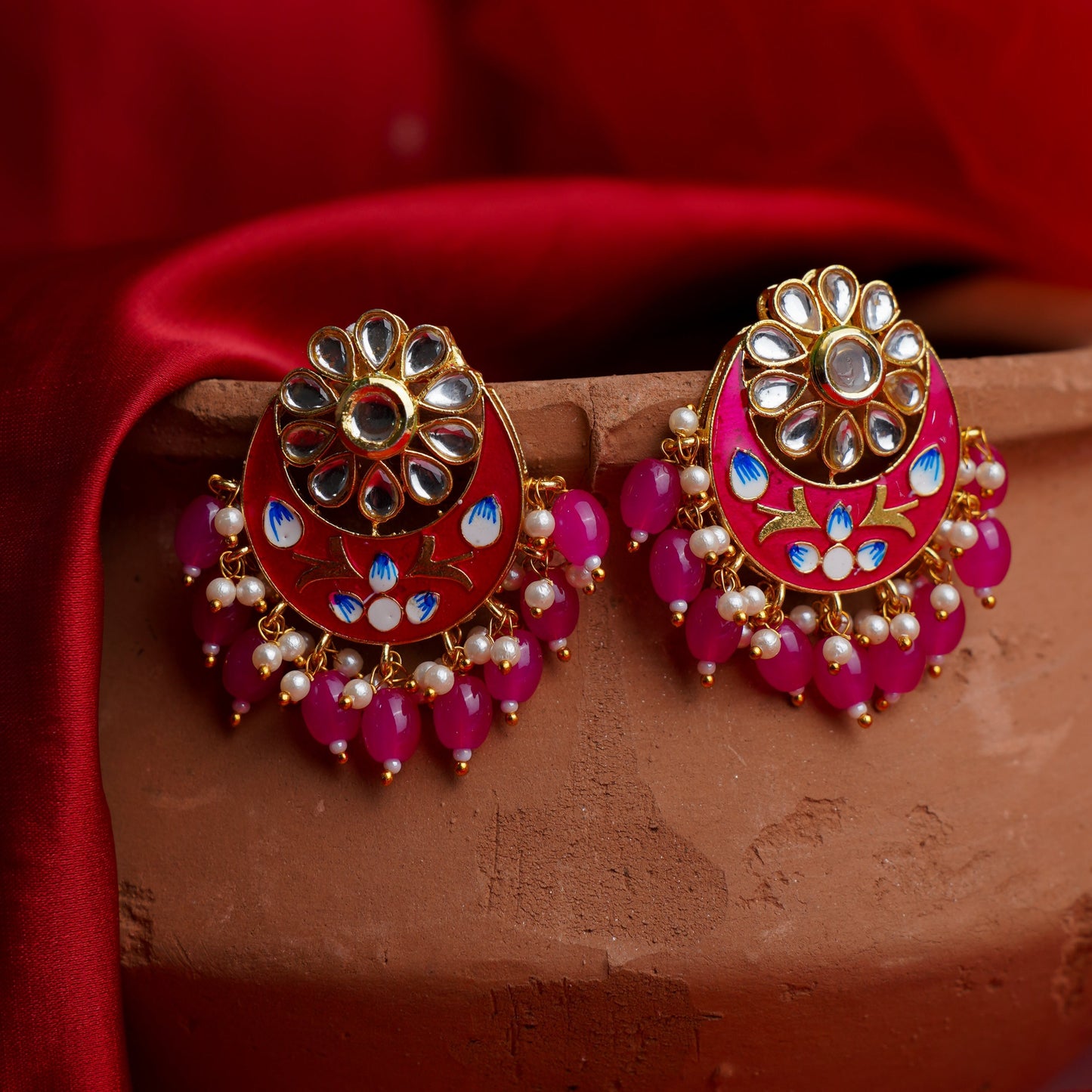 Aarvi- Stone Studded Dangler Earrings(Pink)