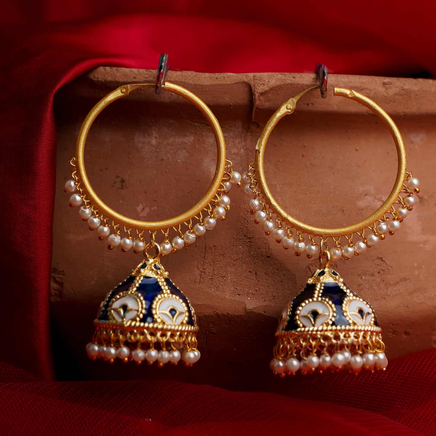 Aarohi- Golden Framed Hanging Pearl Jhumka Earring.