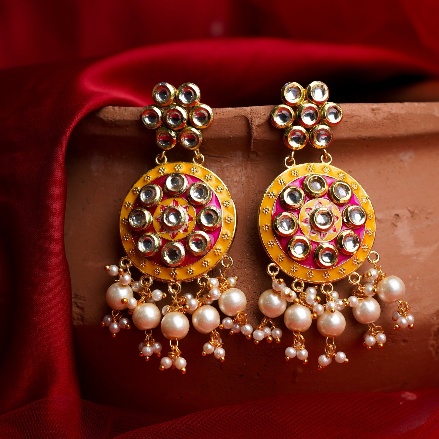 Aarya- Meenakari Work Hanging Pearl Dangler Earrings(Pink)