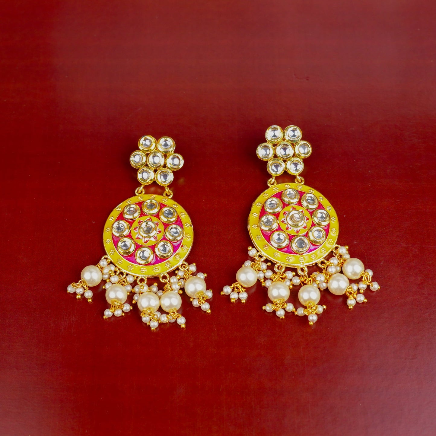 Aarya- Meenakari Work Hanging Pearl Dangler Earrings(Pink)