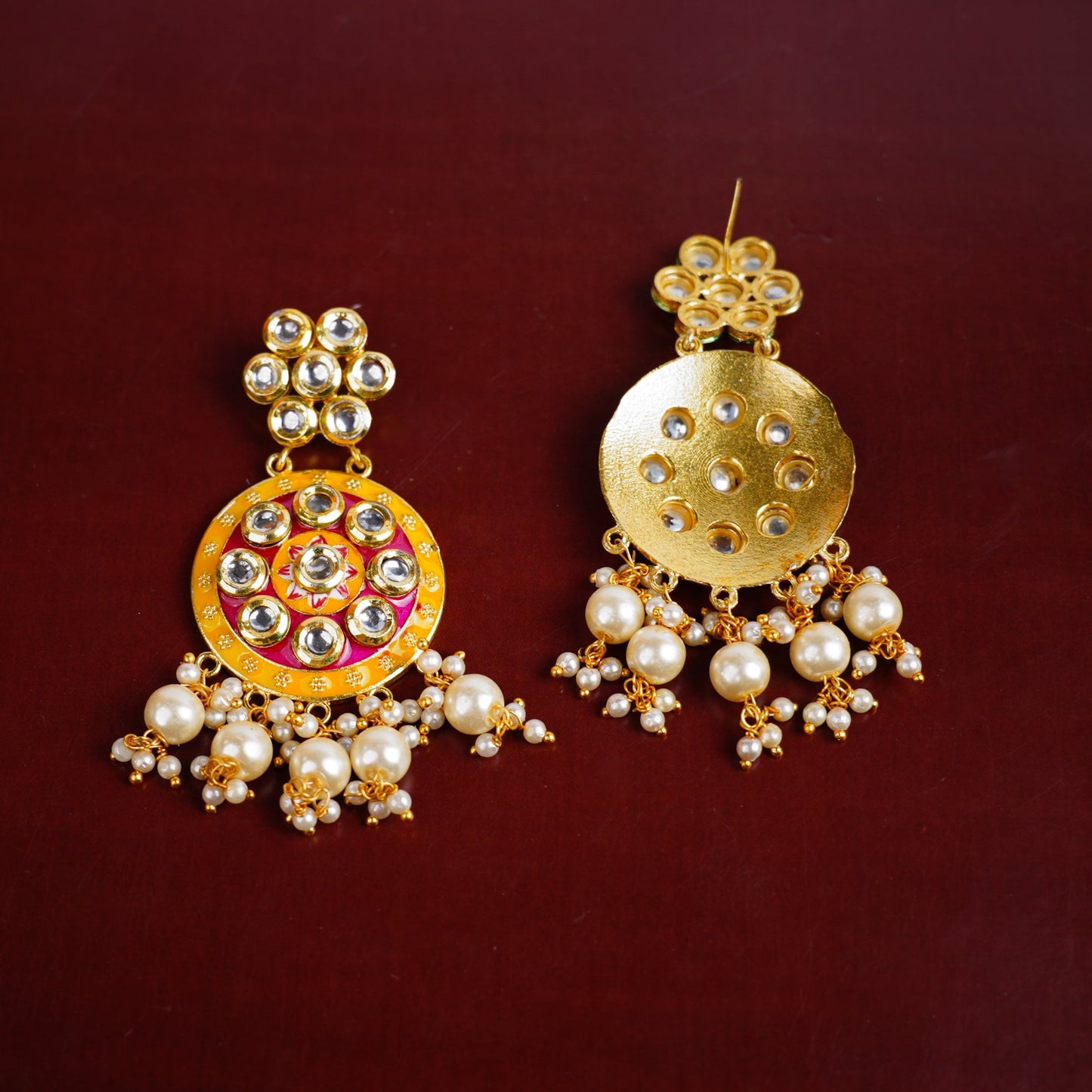 Aarya- Meenakari Work Hanging Pearl Dangler Earrings(Pink)