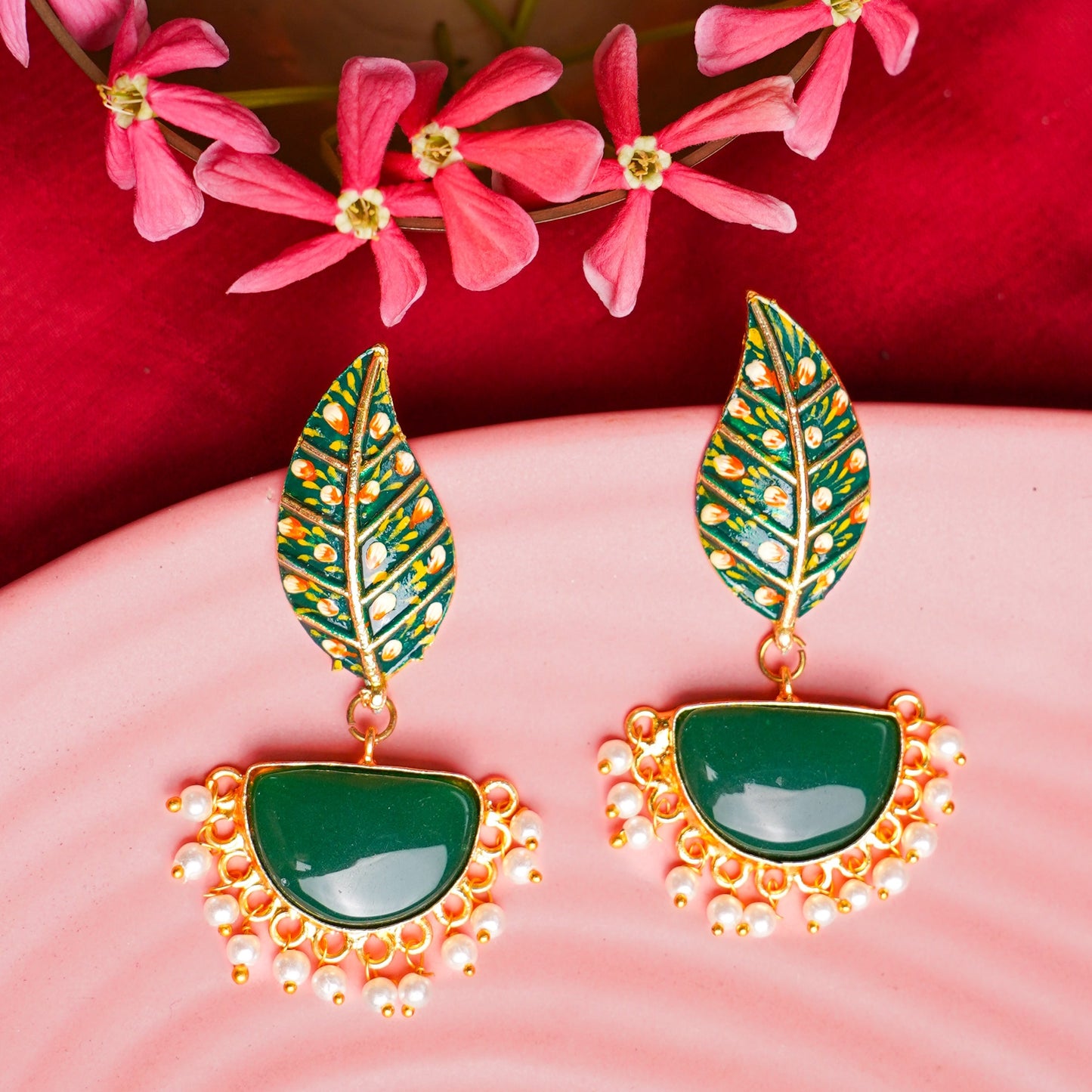 Aashi- Stone Studded Dangler Earrings(Green)