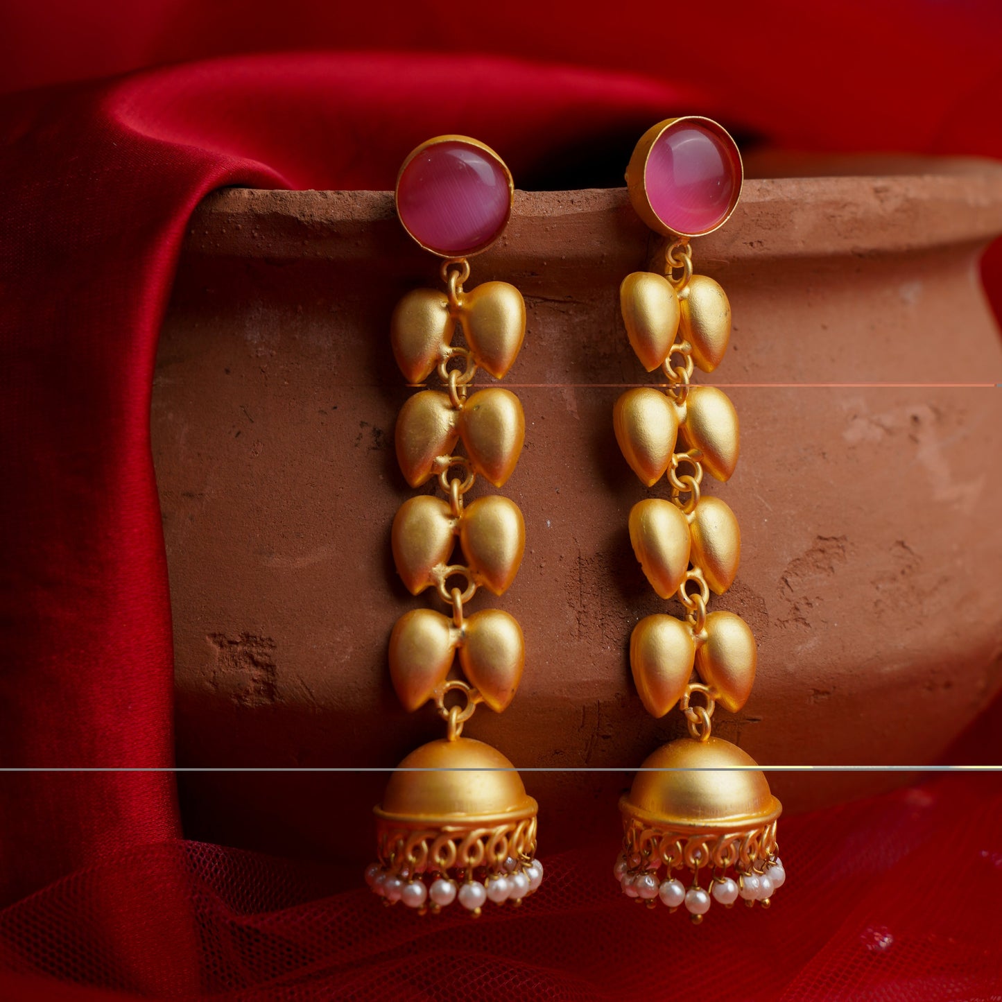Adhira- Stone Studded Hanging Pearls Jhumki Earrings