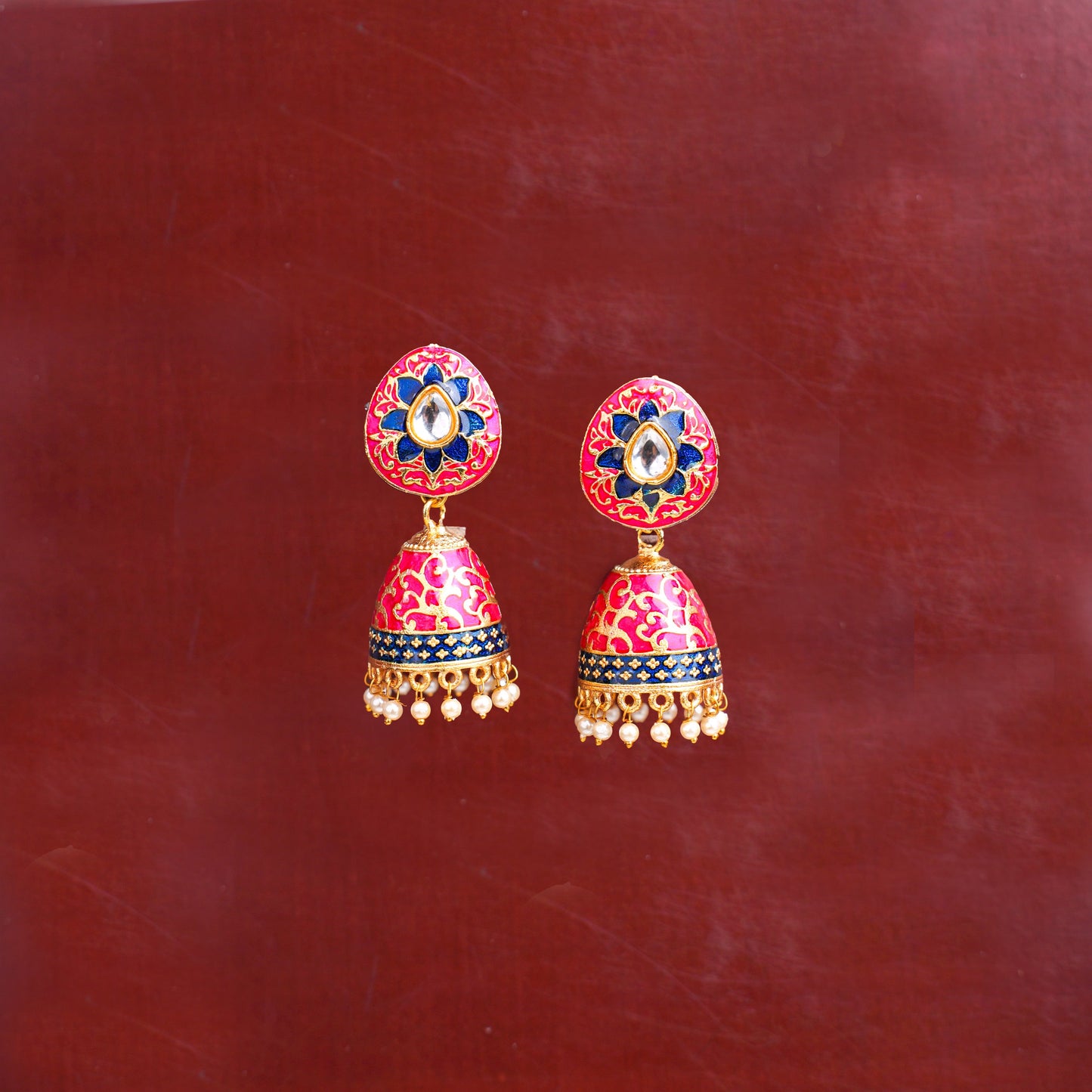 Advika- Stone Studded Hanging Pearls Jhumka Earrings(Red)
