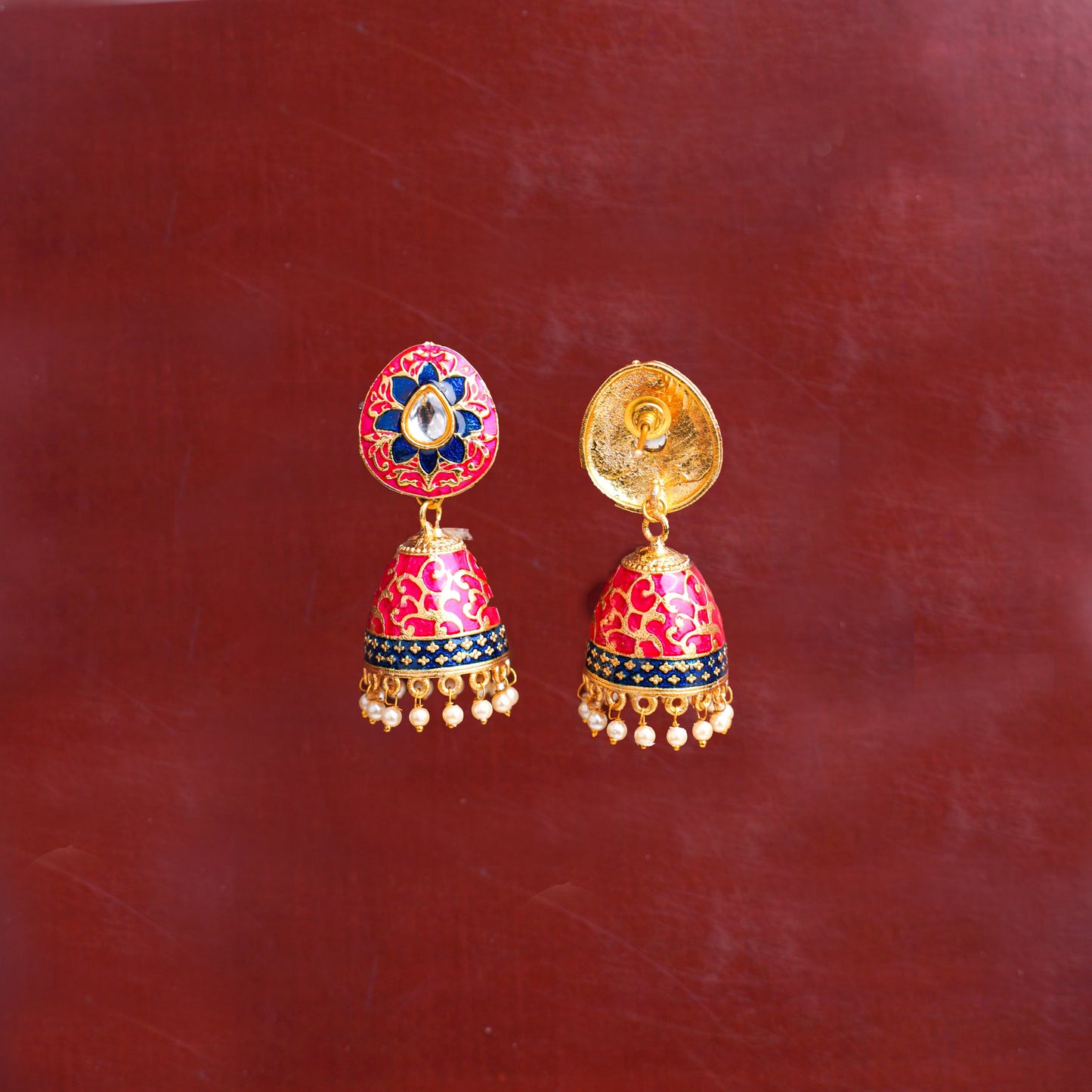 Advika- Stone Studded Hanging Pearls Jhumka Earrings(Red)