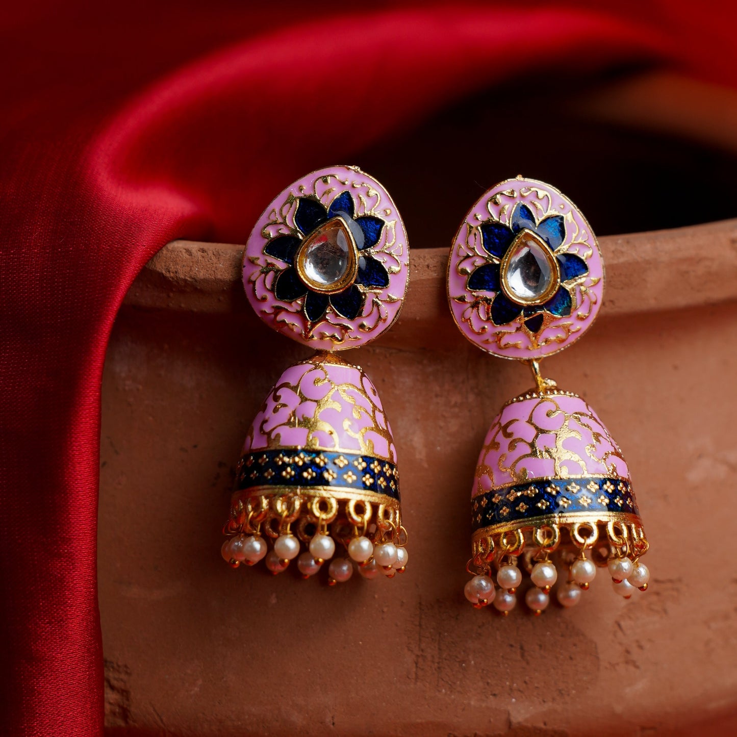 Advika- Stone Studded Hanging Pearls Jhumka Earrings(Light Pink)