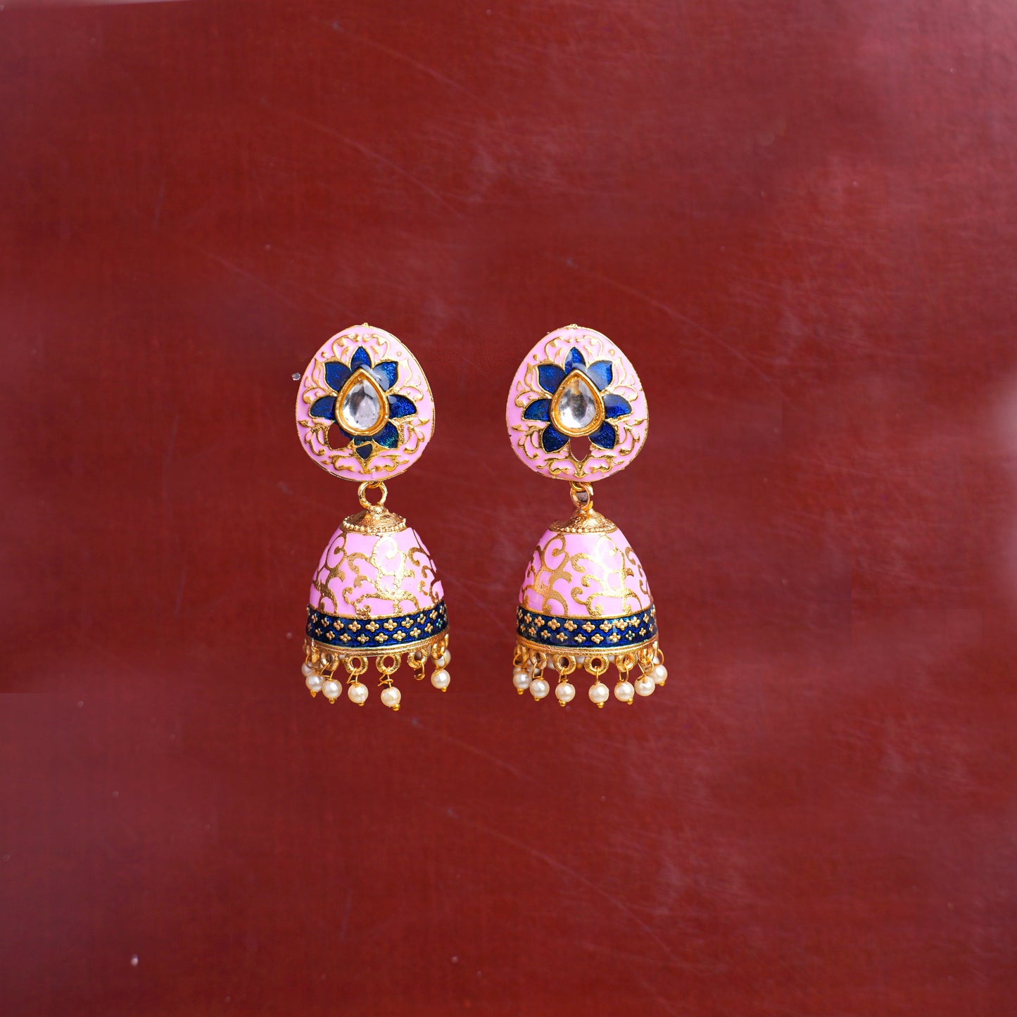 Advika- Stone Studded Hanging Pearls Jhumka Earrings(Light Pink)