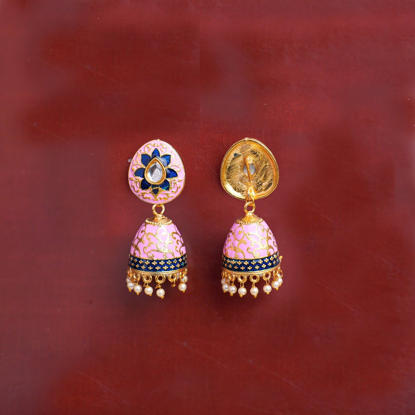 Advika- Stone Studded Hanging Pearls Jhumka Earrings(Light Pink)