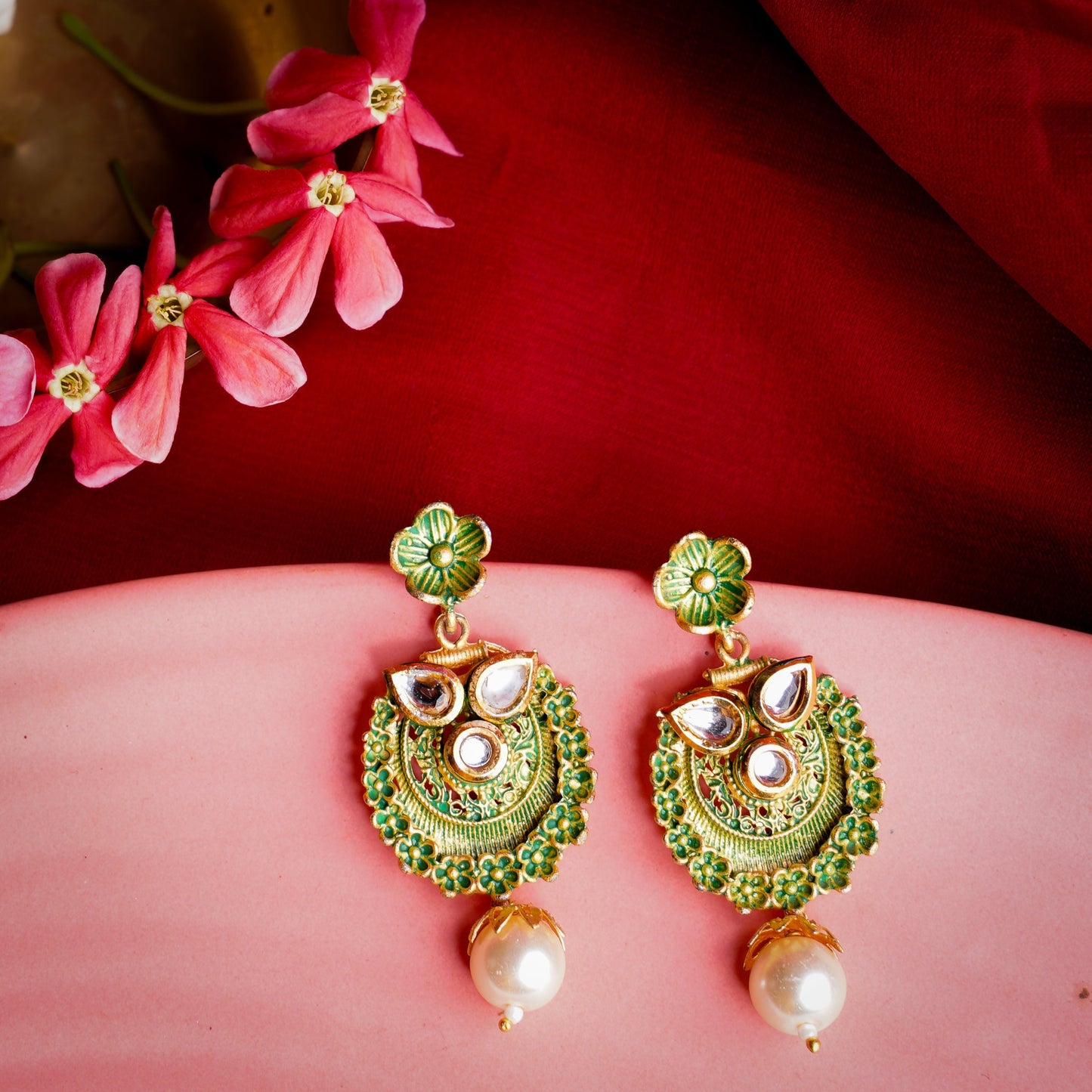 Tanirika- Stone Studded Hanging Pearl Dangler Earrings(Green)