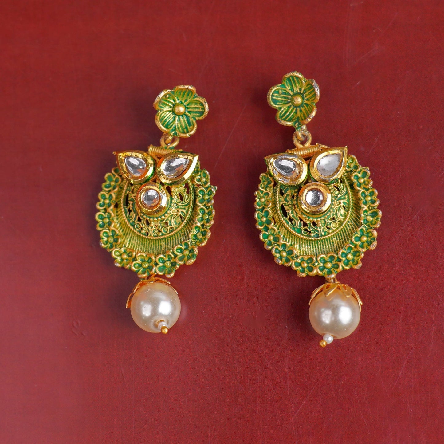 Tanirika- Stone Studded Hanging Pearl Dangler Earrings(Green)