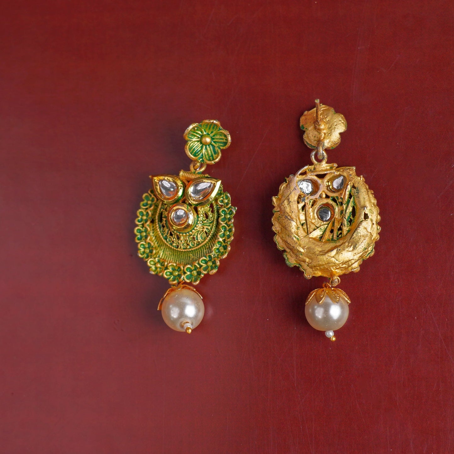 Tanirika- Stone Studded Hanging Pearl Dangler Earrings(Green)