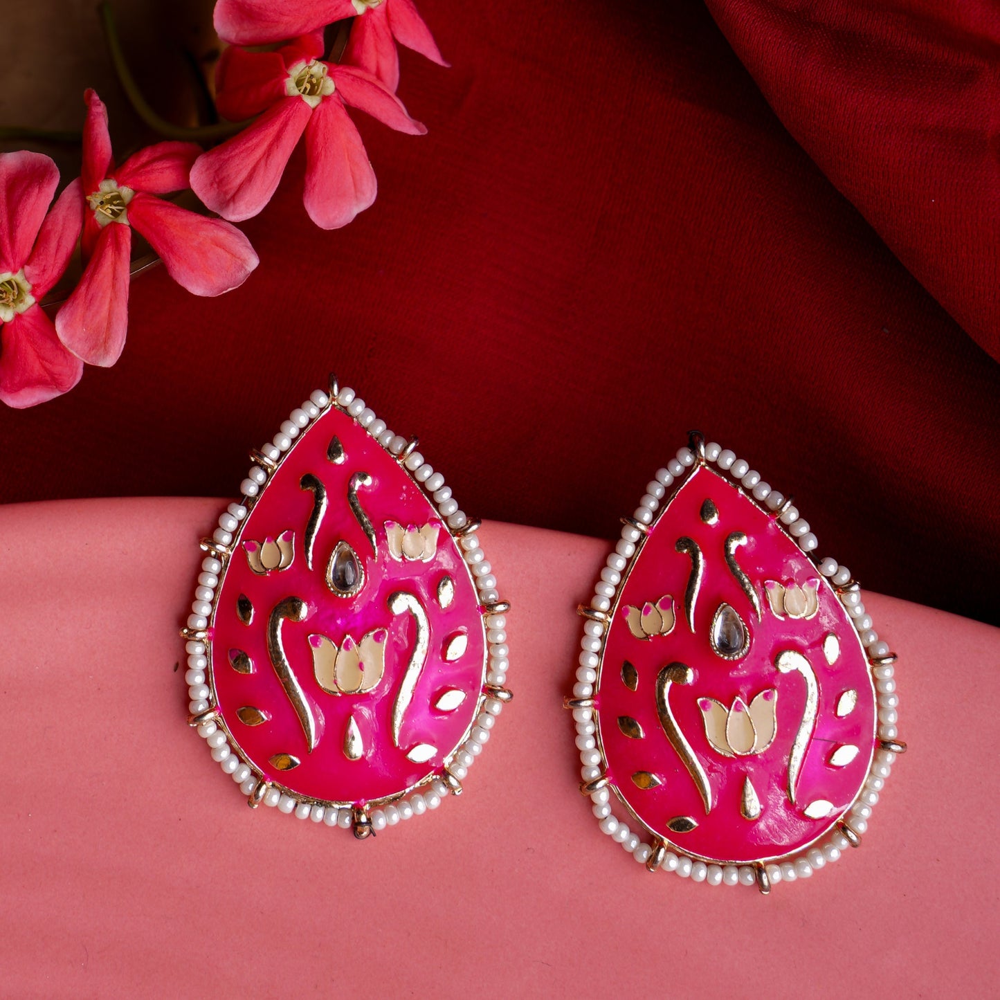 Alaya- Pearl Framed Drop Shaped Stud Earrings(Red)