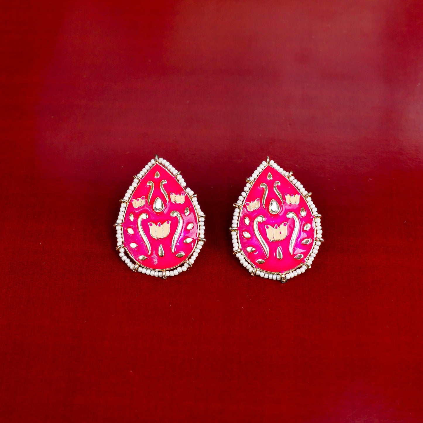 Alaya- Pearl Framed Drop Shaped Stud Earrings(Red)