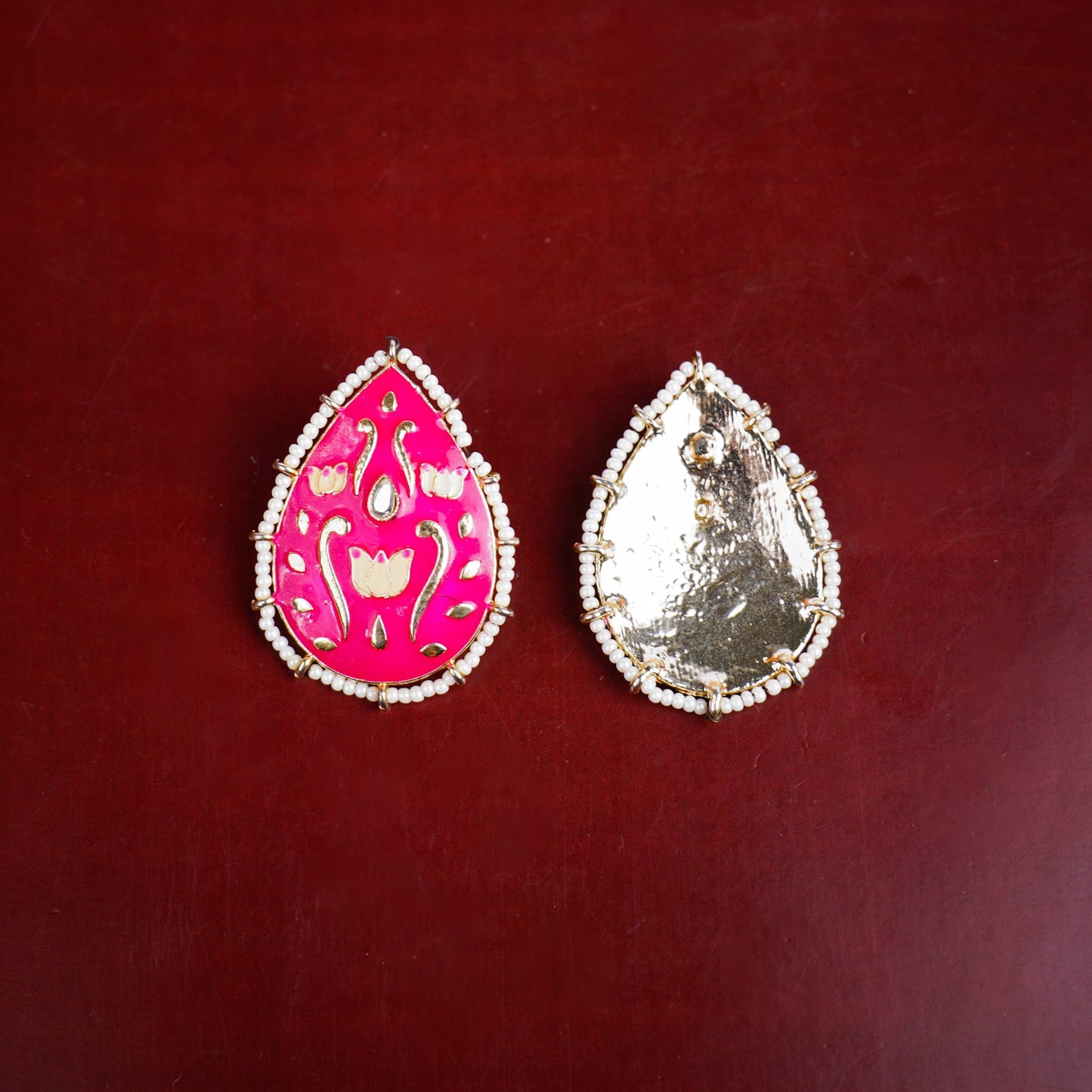 Alaya- Pearl Framed Drop Shaped Stud Earrings(Red)