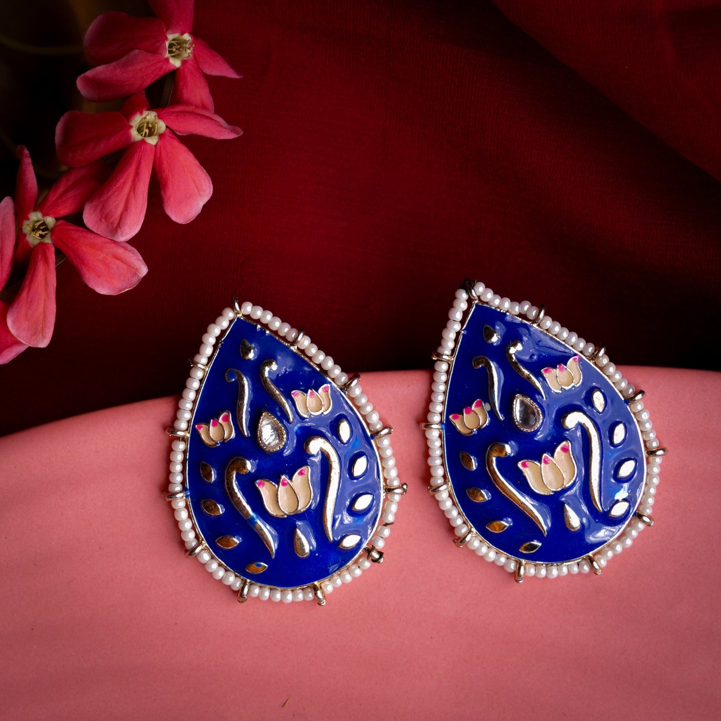 Alaya- Pearl Framed Drop Shaped Stud Earrings(Blue)