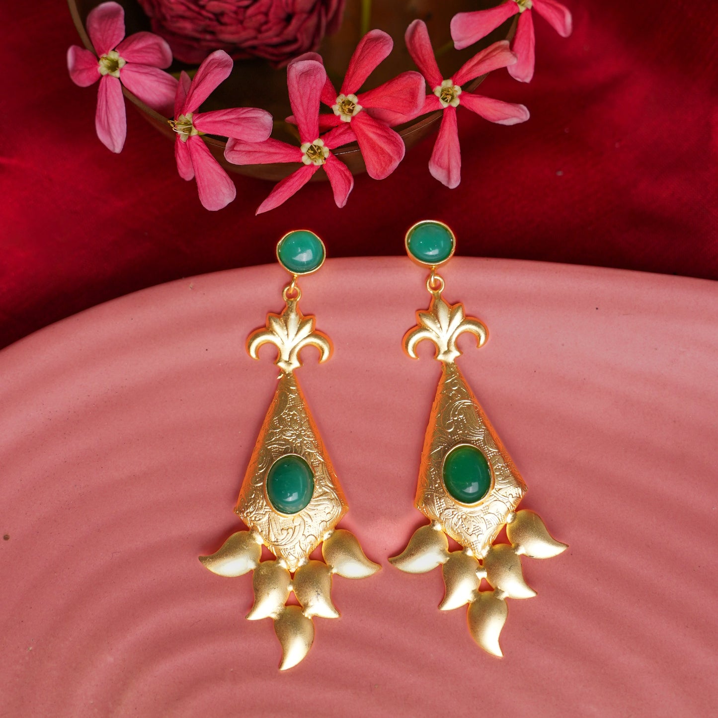 Ashvi- Stone Studded Dangler Earrings(Green)